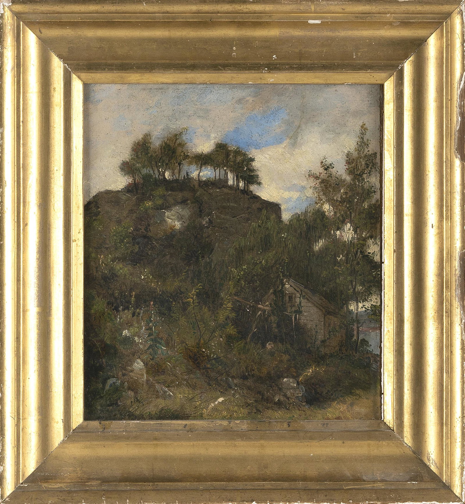 AMERICAN SCHOOL (19th Century,), A house below a rocky outcrop., Oil on board, 10.5" x 9". Framed: AMERICAN SCHOOL 19th Century A house below a rocky outcrop. Unsigned. Adelson Gallery label verso. Oil on board, 10.5" x 9". Framed 15" x 14".