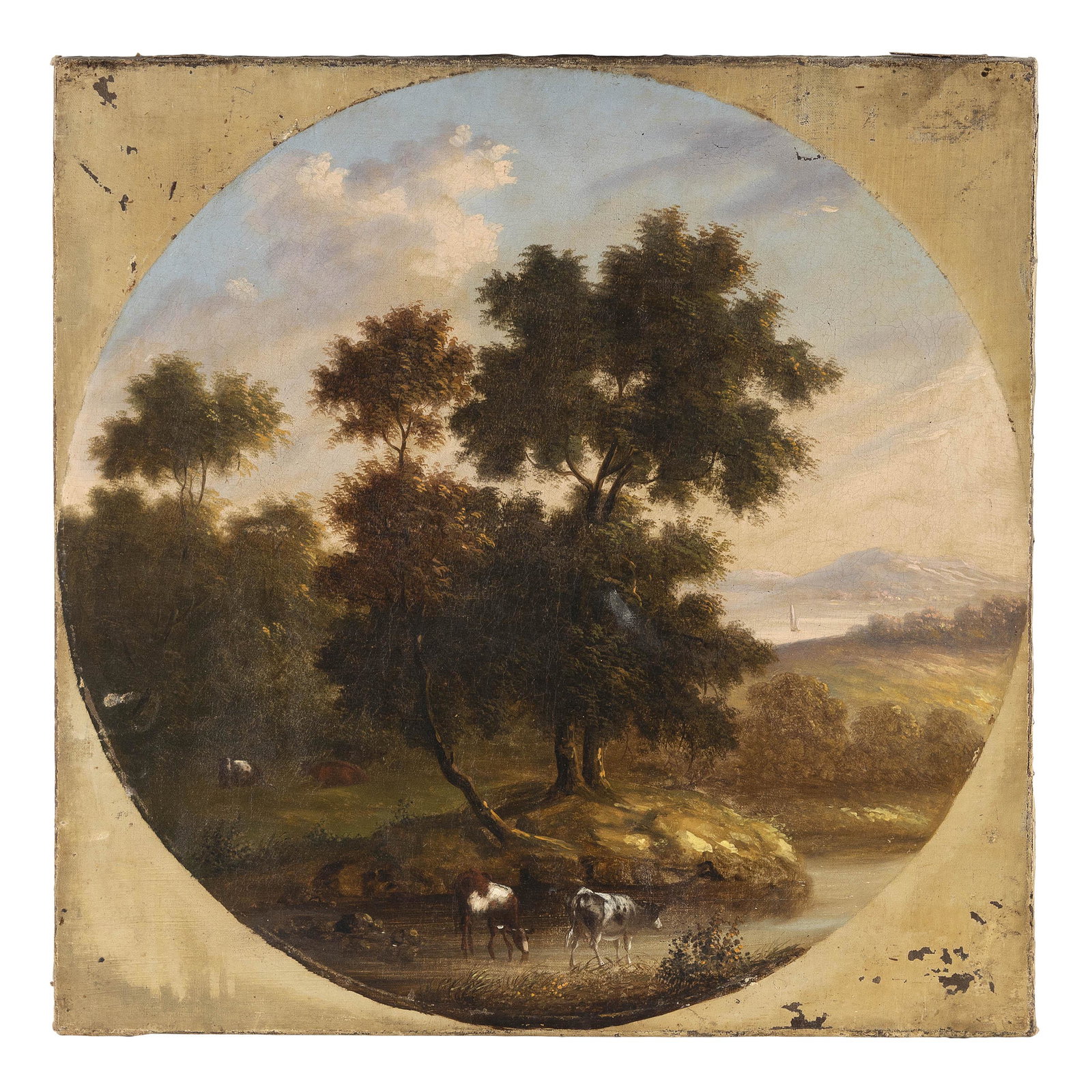 AMERICAN SCHOOL (19th Century,), Cows by a river., Oil on canvas, 20" x 20". Unframed.: AMERICAN SCHOOL 19th Century Cows by a river. Unsigned. Oil on canvas, 20" x 20". Unframed.