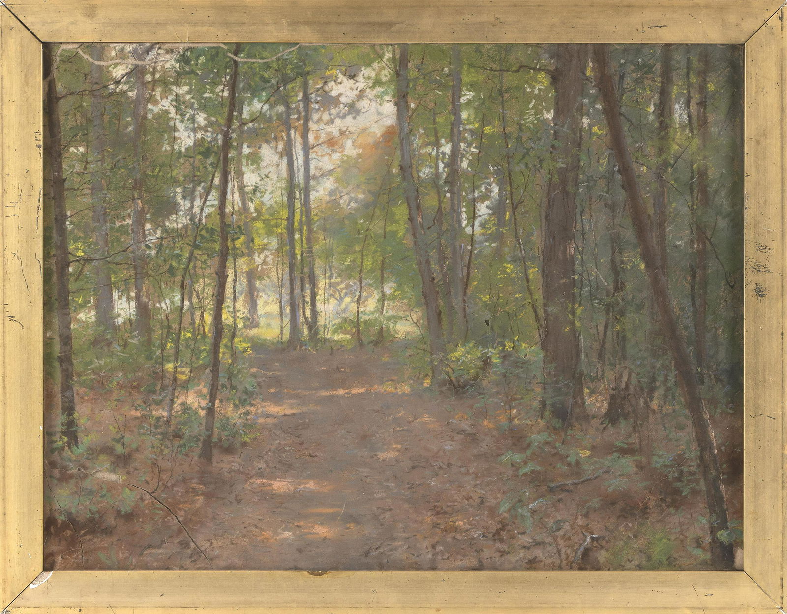 JOHN WESLEY BEATTY (Pennsylvania/New York, 1850-1924), Woodland scene., Pastel on paper, 18" x 24": JOHN WESLEY BEATTYPennsylvania/New York, 1850-1924Woodland scene. Signed in the artist's monogram lower left.Pastel on paper, 18" x 24" sight. Framed 21" x 27".