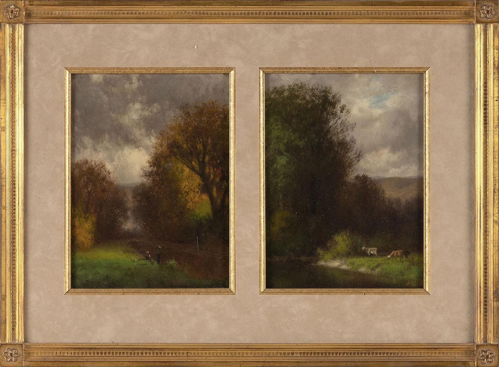 CHARLES T. PHELAN (America, 1840-1917), Two landscape studies., Oils on canvas, 8" x 6". Framed 13": CHARLES T. PHELANAmerica, 1840-1917Two landscape studies. Signed lower left and right "C.T. Phelan". Housed in a common frame.Oils on canvas, 8" x 6". Framed 13" x 18".