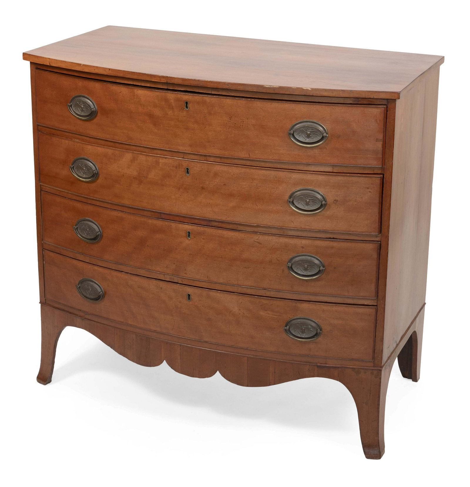 HEPPLEWHITE BOWFRONT BUREAU Circa 1790 Height 38.25”. Width 40.75”. Depth 22”.: HEPPLEWHITE BOWFRONT BUREAU Circa 1790 In cherry, with four full-width drawers and high French splayed bracket feet. Height 38.25”. Width 40.75”. Depth 22”.