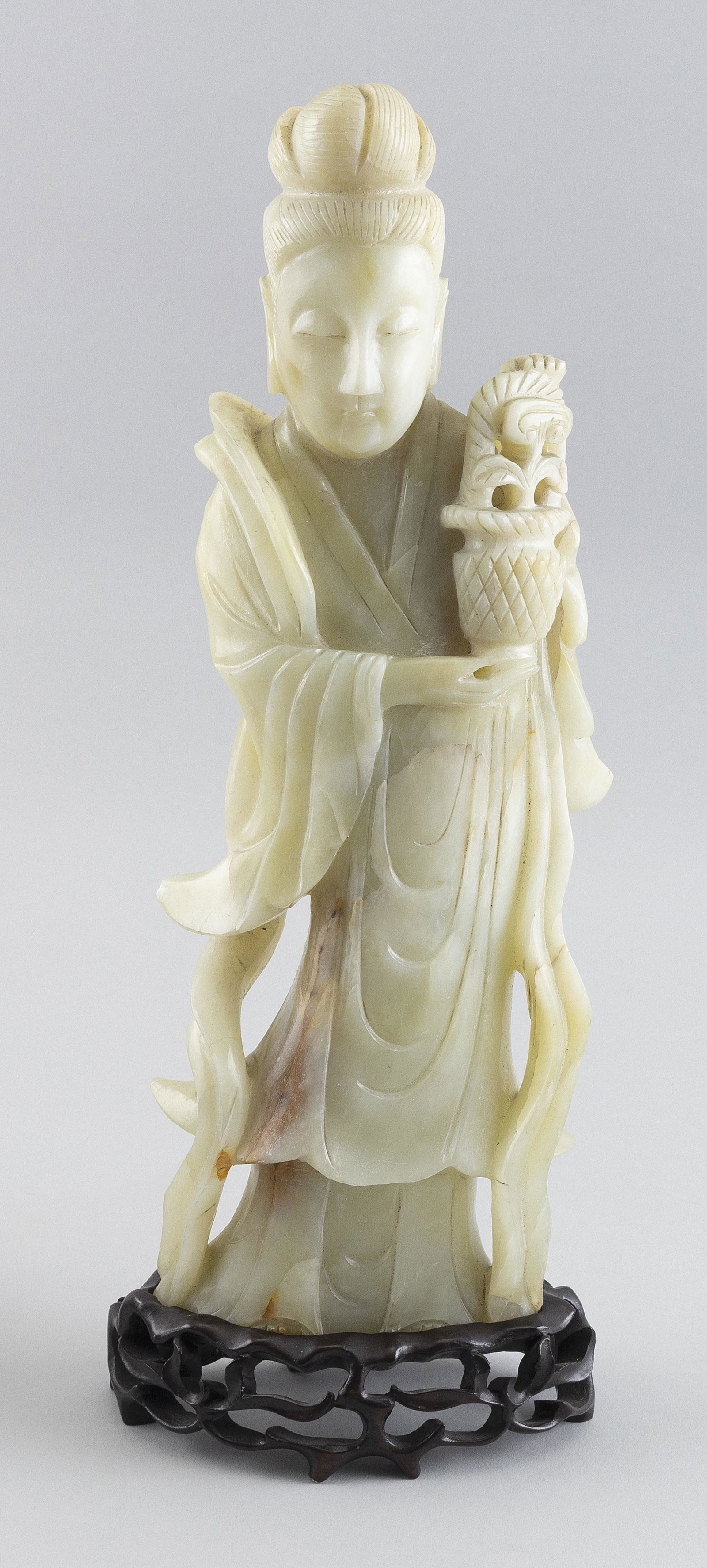 CHINESE CARVED CELADON HARDSTONE GUANYIN Height 14.5". With carved wood stand. (1 of 2)