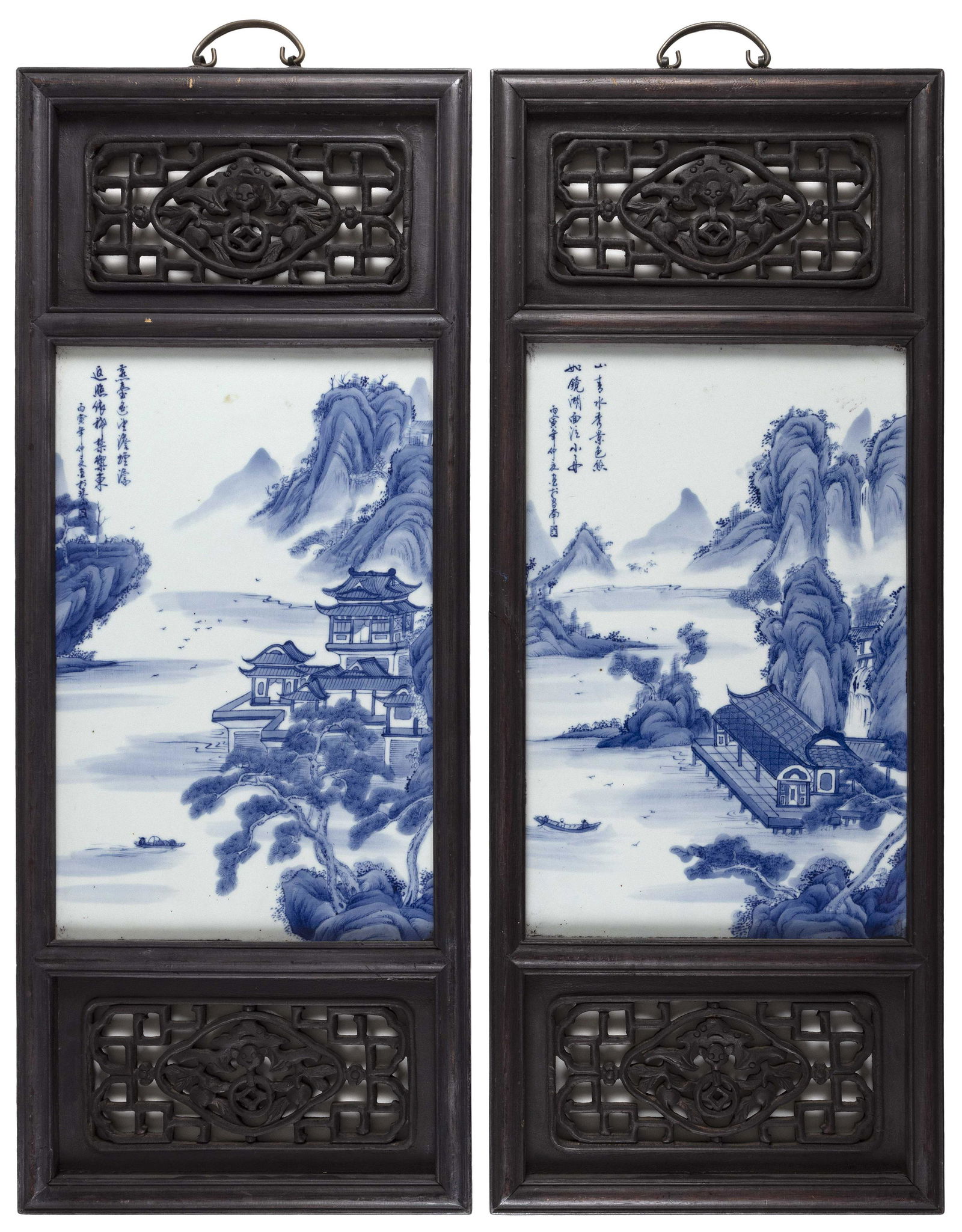 PAIR OF CHINESE BLUE AND WHITE PORCELAIN TILES INSET IN OPEN-CARVED WOOD PANELS Late 19th/Early 20th (1 of 2)