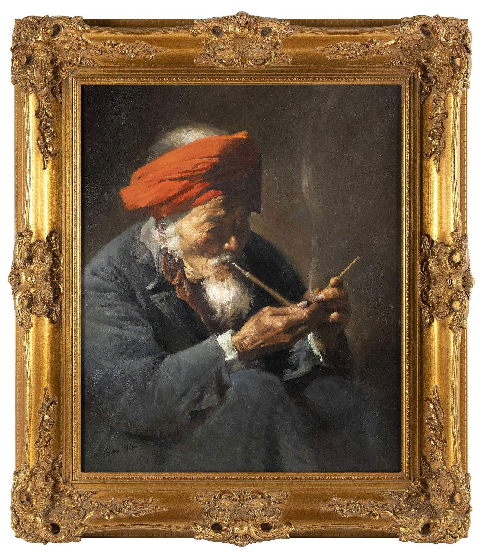 MIAN SITU (California/China, b. 1953), "Man Smoking Pipe"., Oil on canvas, 24" x 20". Framed 32" x: MIAN SITUCalifornia/China, b. 1953"Man Smoking Pipe". Signed lower left "Situ Mian".Oil on canvas, 24" x 20". Framed 32" x 27".