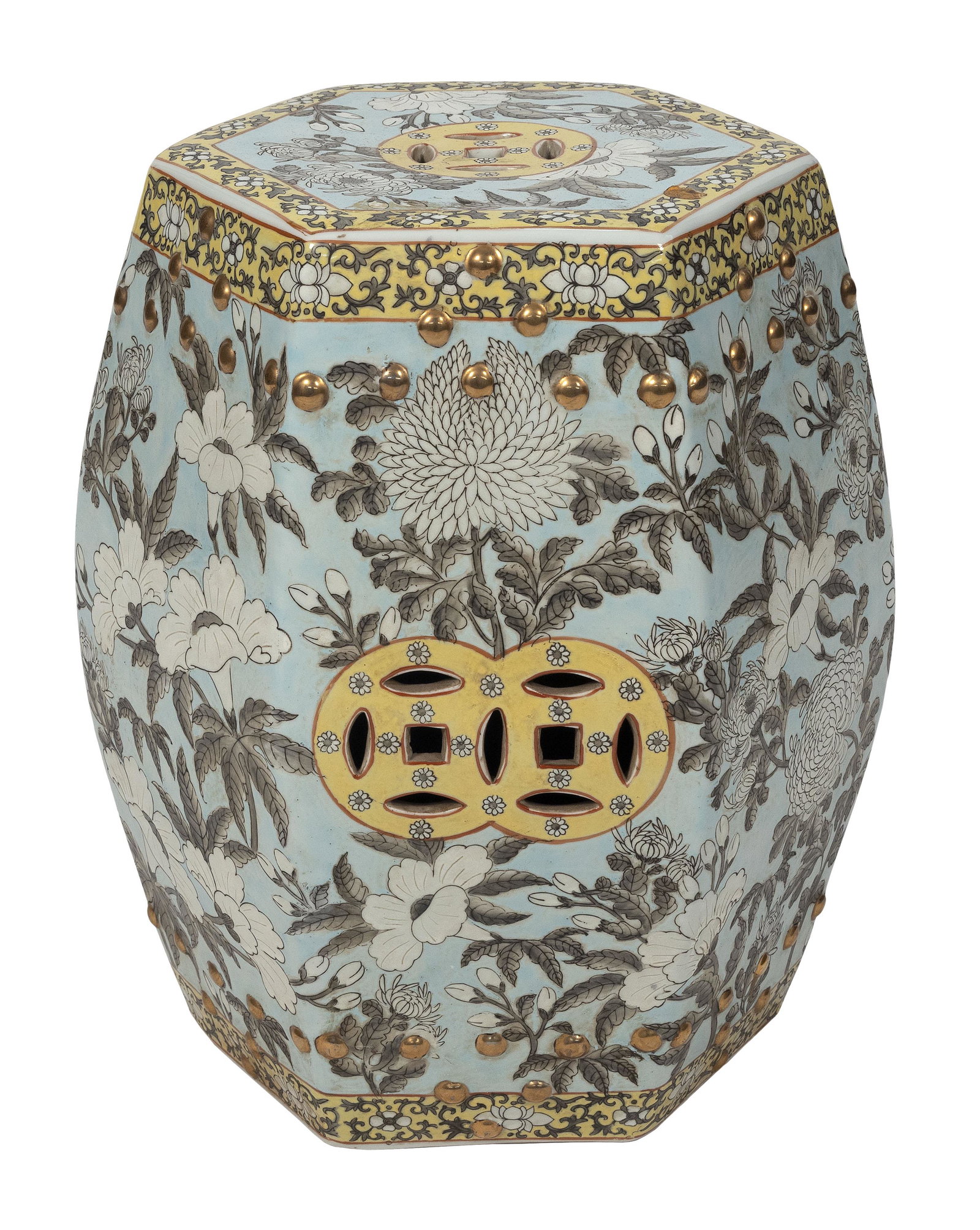 CHINESE POLYCHROME PORCELAIN OCTAGONAL GARDEN STOOL 20th Century Height 19". Width 11".: CHINESE POLYCHROME PORCELAIN OCTAGONAL GARDEN STOOL 20th Century Gilt and white floral decoration and yellow double coins on a light blue ground. Height 19". Width 11".