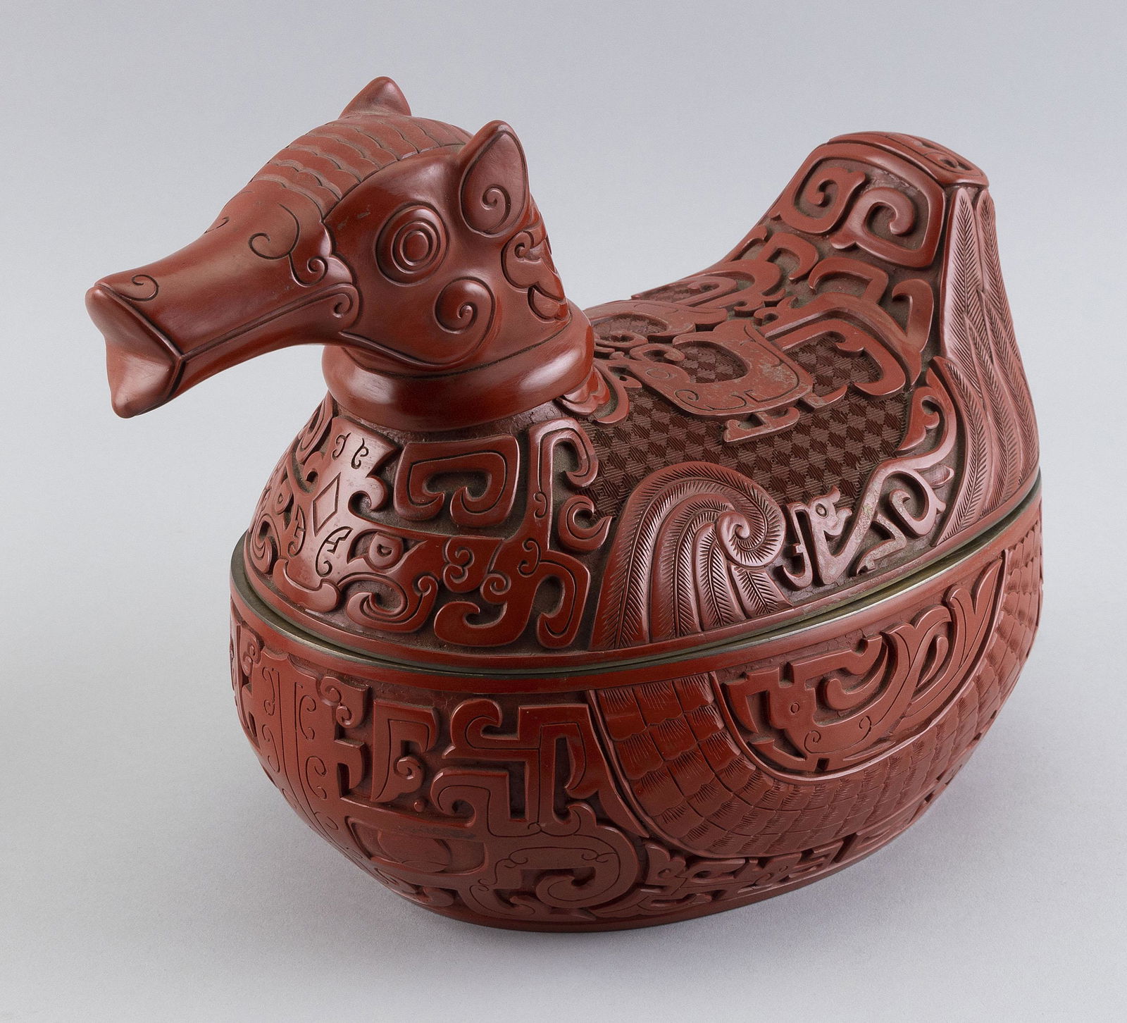 CHINESE CARVED CINNABAR STORAGE BOX 20th Century Height 9.5". Length 12". (1 of 2)