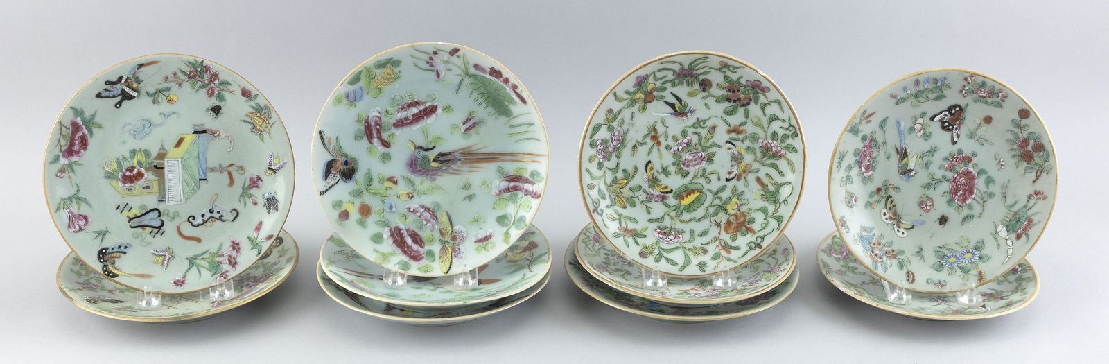 TEN CHINESE EXPORT FAMILLE ROSE-ON-CELADON PLATES 19th Century Diameters 7.5".: TEN CHINESE EXPORT FAMILLE ROSE-ON-CELADON PLATES19th CenturyVarying Rose Canton decoration.Diameters 7.5".