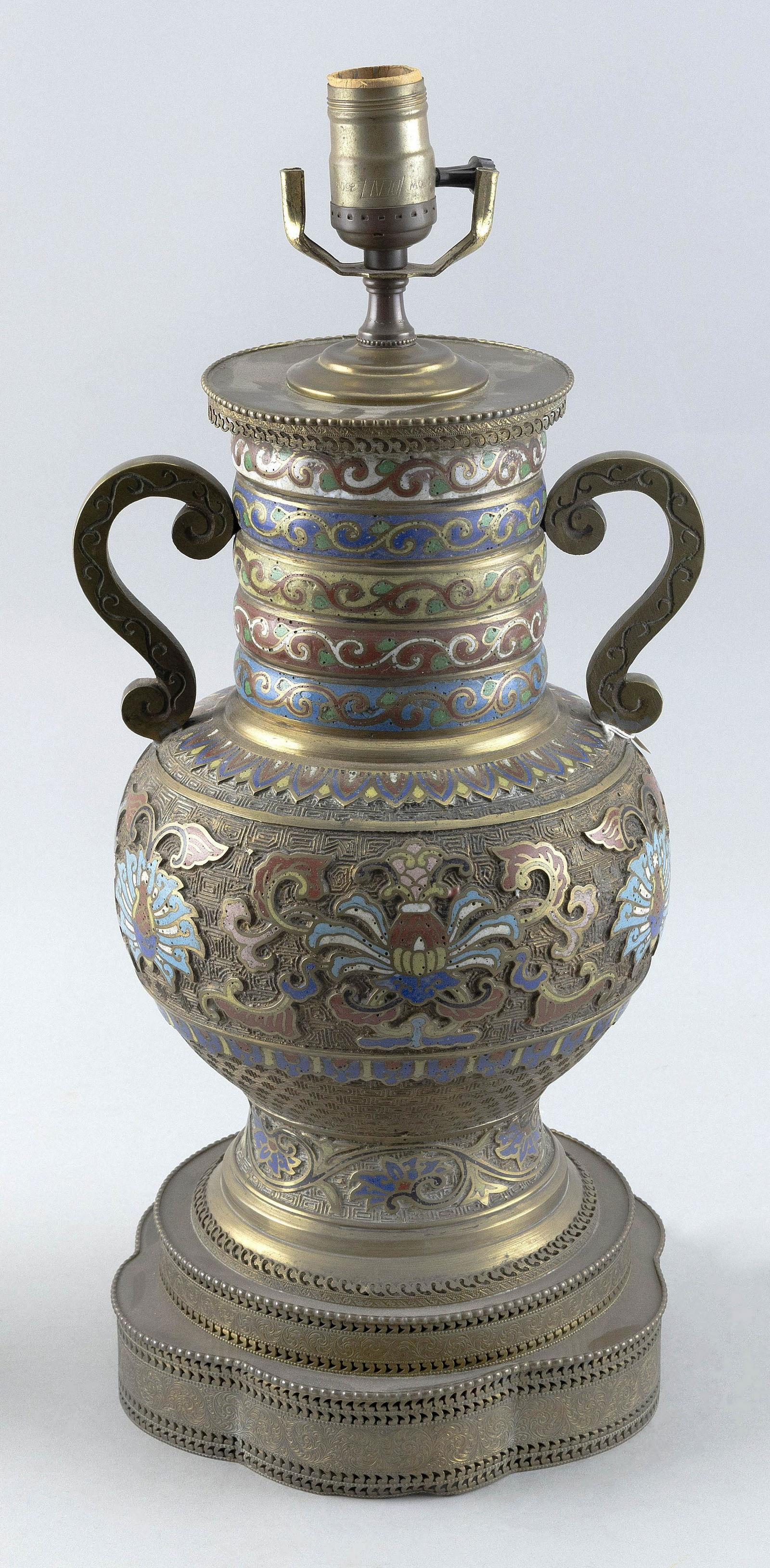 CHINESE CHAMPLEVE CLOISONNE ENAMEL BALUSTER VASE Late 19th Century Height 12". Mounted as a table (1 of 4)