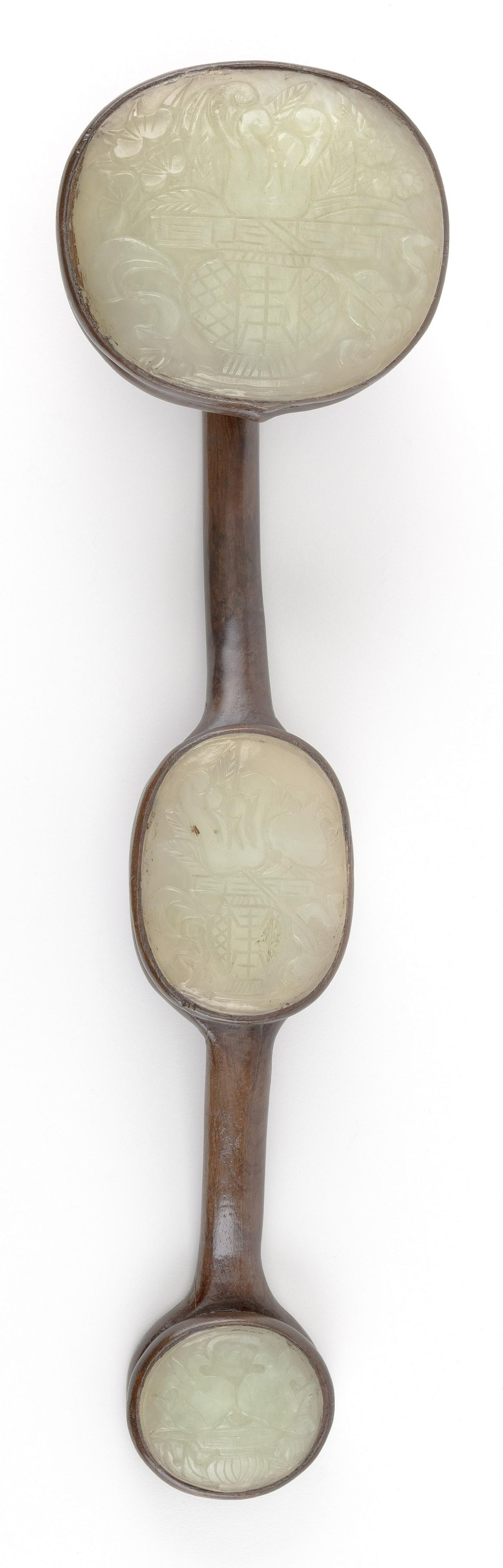 CHINESE WOOD AND JADE RUYI SCEPTER 20th Century Length 20". (1 of 8)