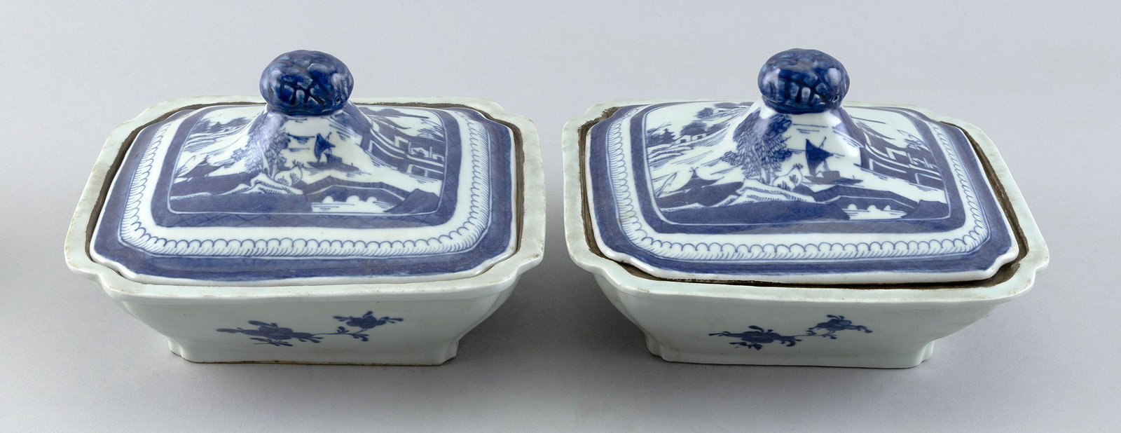 PAIR OF CHINESE EXPORT BLUE AND WHITE CANTON PORCELAIN COVERED VEGETABLE DISHES Late 19th Century (1 of 4)