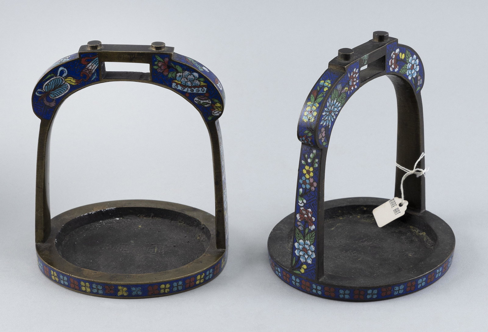 PAIR OF CHINESE BRONZE AND CLOISONNE STIRRUPS 19th Century Heights 6". Diameter at bases 4.5". (1 of 1)