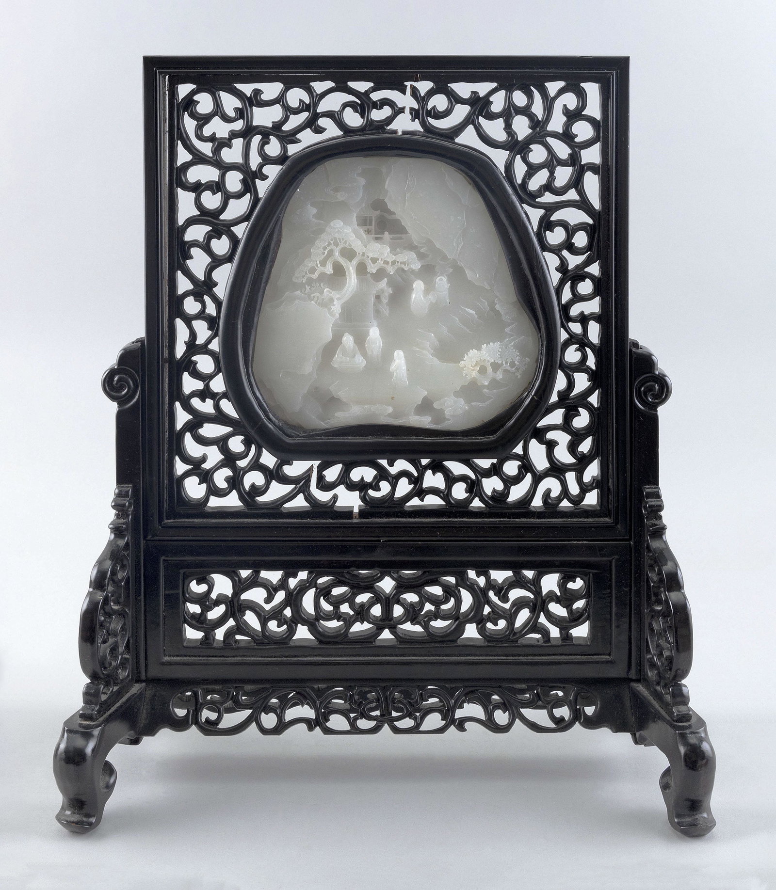 CHINESE WOOD AND JADE TABLE SCREEN Total height 17.5". Width 14". Depth 6". Jade panel 6.25" x 7". (1 of 4)