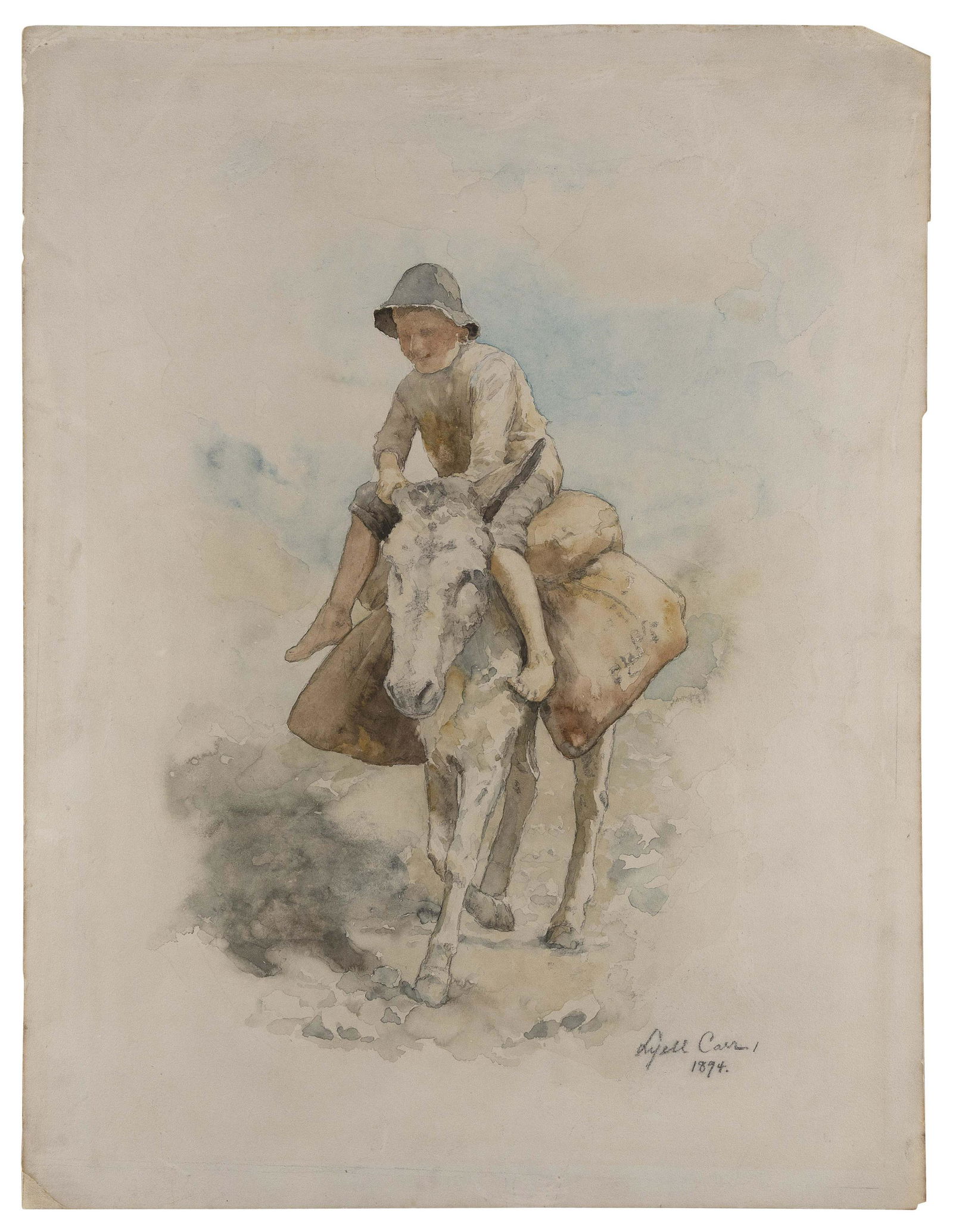LYELL E. CARR (New York/Ilinois/Georgia, 1857-1912), Boy riding a donkey, 1894., Watercolor with (1 of 1)
