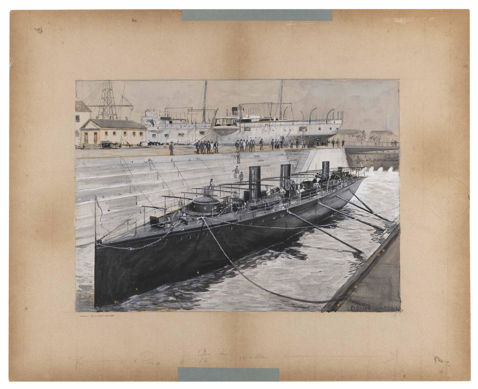 CARLTON THEODORE CHAPMAN (New York/California/Ohio, 1860-1925), Ships at dock., Watercolor and (1 of 1)