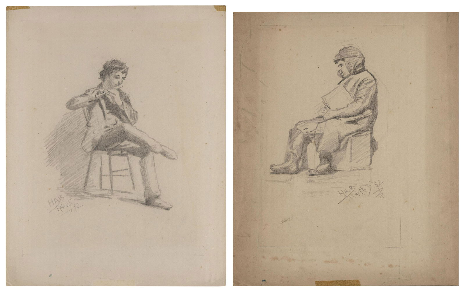 JOHN HABERLE (Connecticut, 1856-1933), Two figural pencil drawings:, Both approx. 12” x (1 of 3)