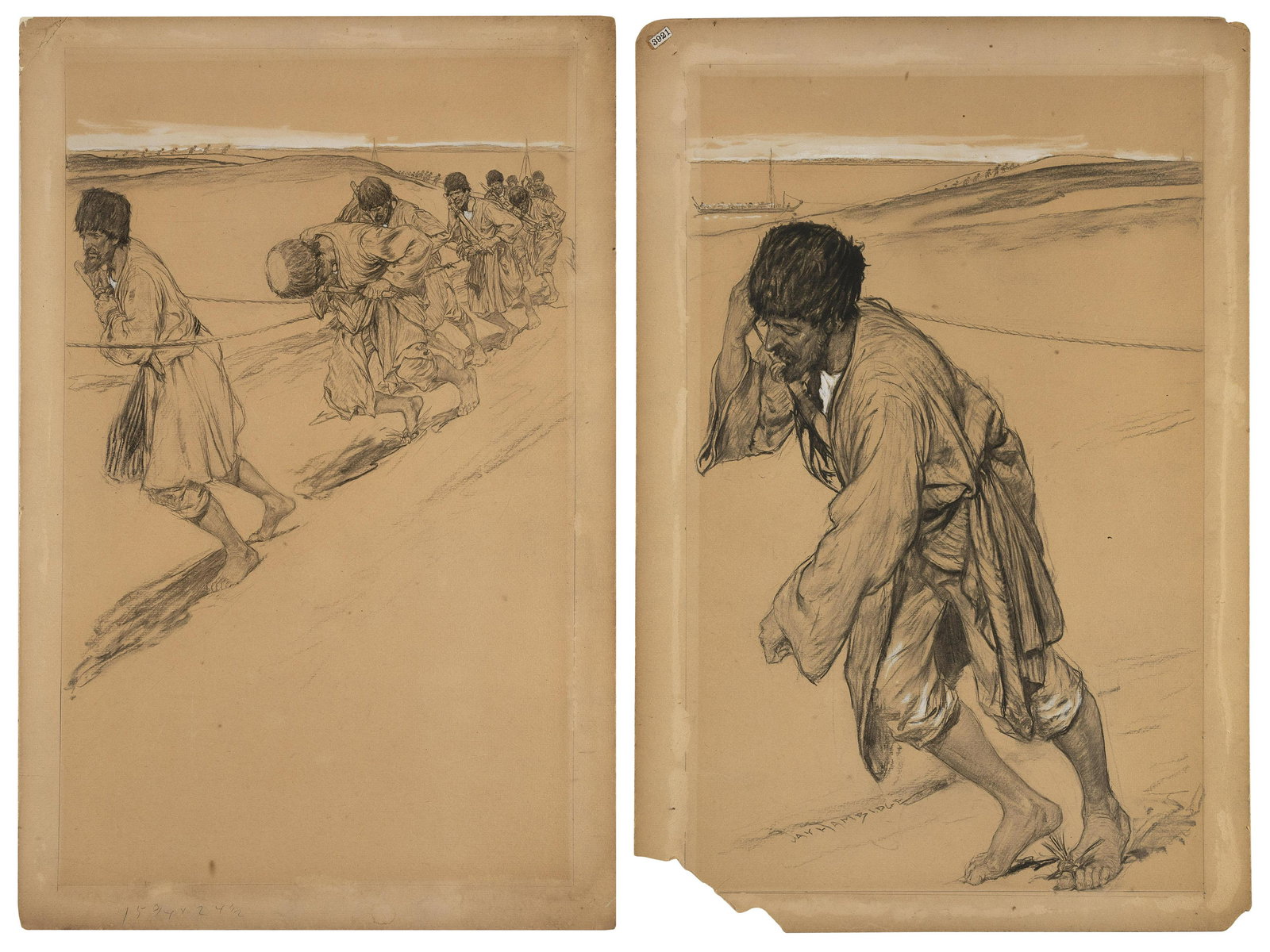 JAY HAMBIDGE (New York/Ontario, 1867-1924), Two-panel illustration "Hauling Cotton Ships from (1 of 3)