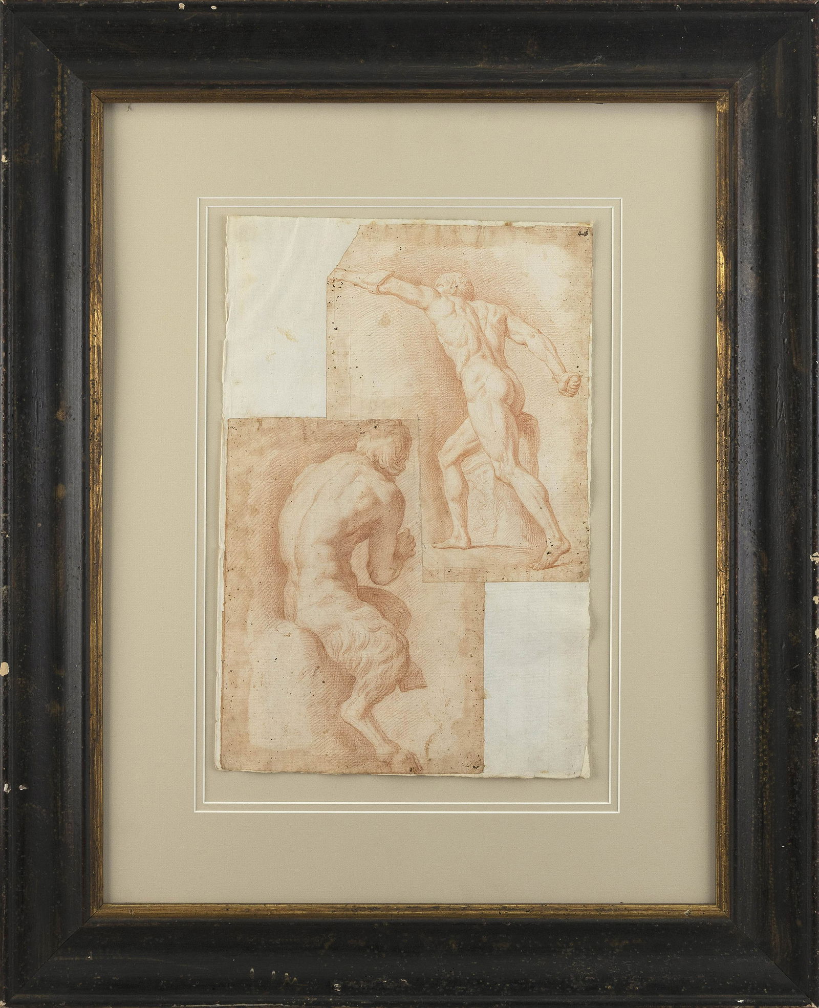 ITALIAN SCHOOL (17th Century,), Two figure studies on separate sheets applied to one., Sanguine (1 of 2)