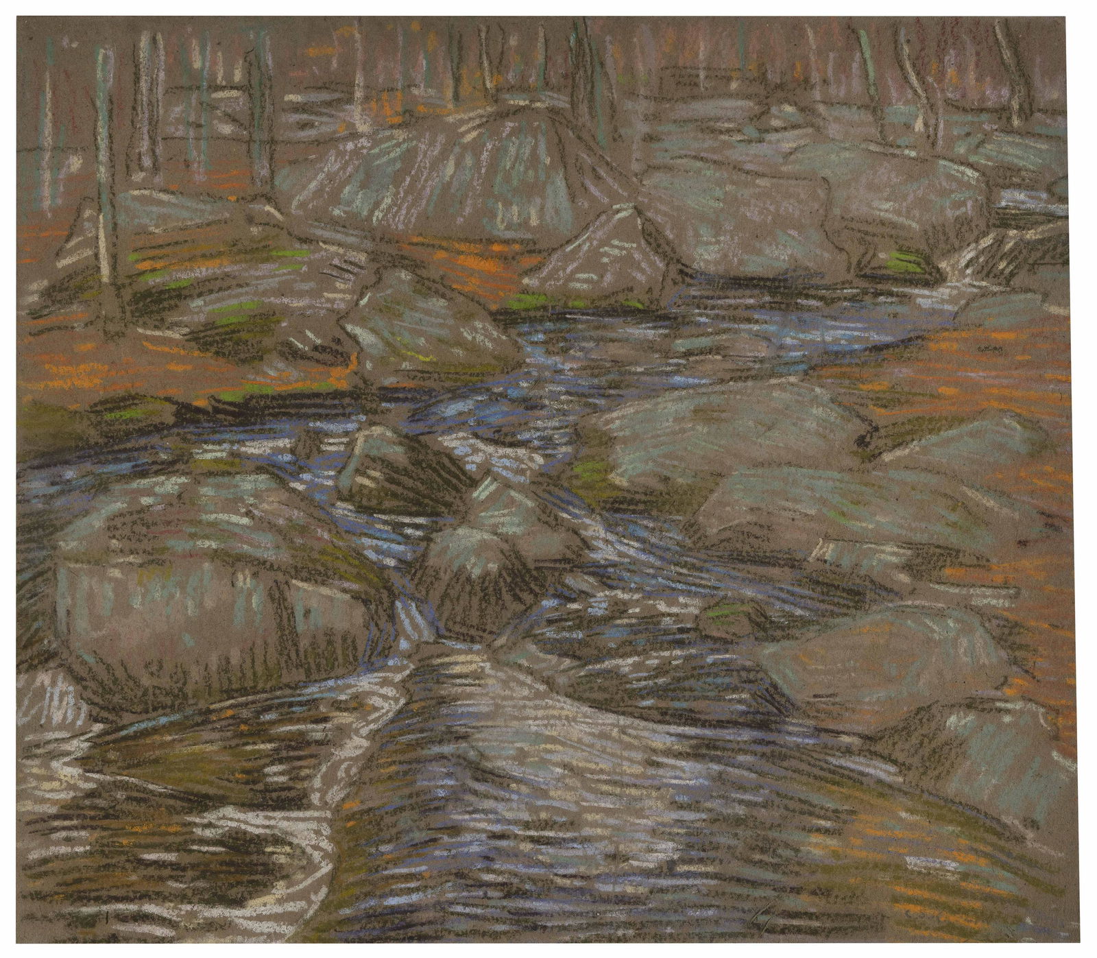 CHARLES SALIS KAELIN (Ohio/Massachusetts, 1858-1929), Rocky river through a forest., Pastel on heavy (1 of 1)