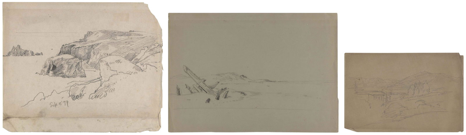 WILLIAM TROST RICHARDS (Pennsylvania/Rhode Island, 1833-1905), Three pencil drawings:, Largest (1 of 4)