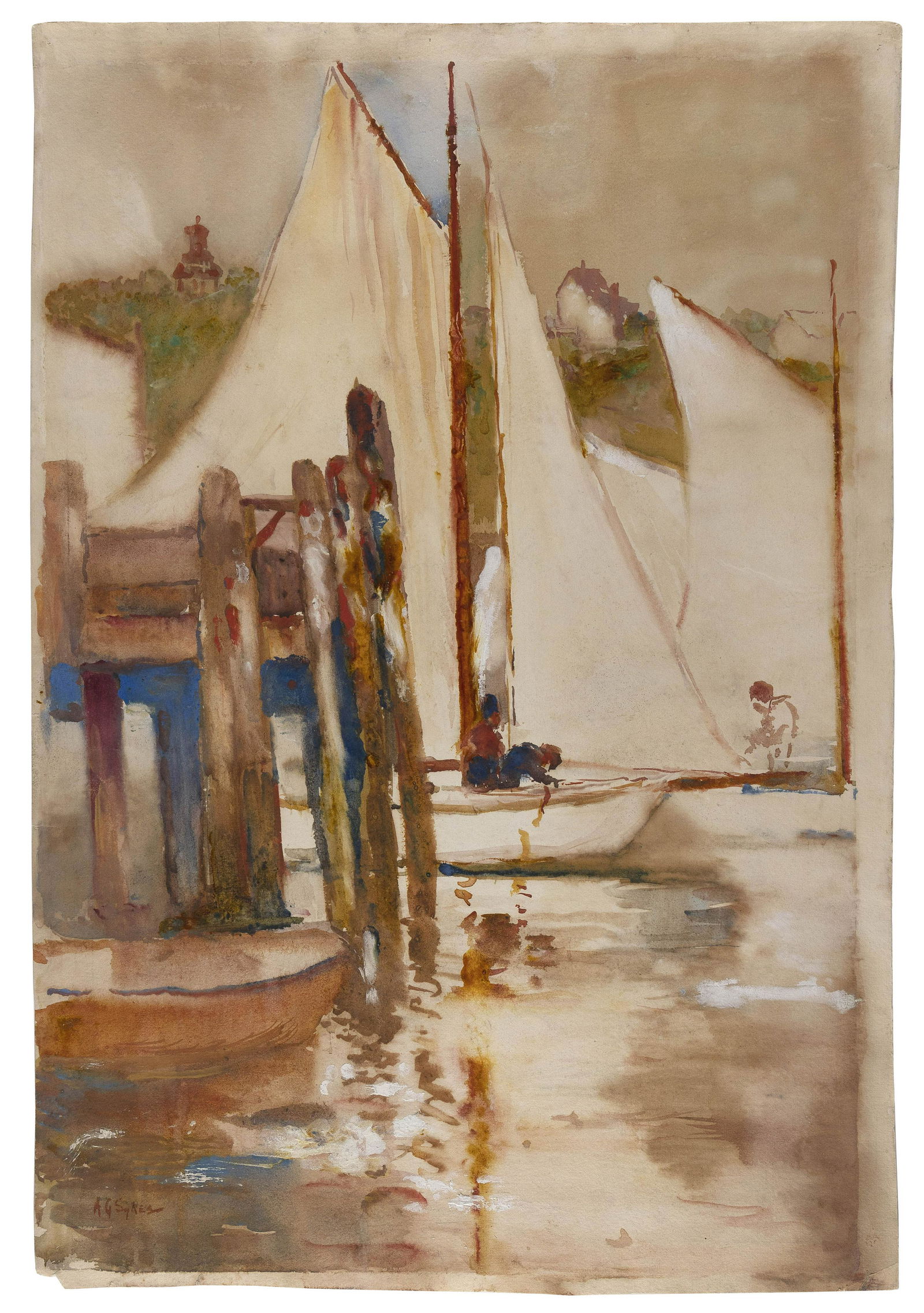 ANNIE SULLINGS GOODING SYKES (Ohio/Massachusetts, 1855-1931), "Gloucester"., Mixed media on cream (1 of 1)