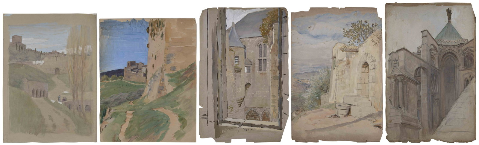 ELIHU VEDDER (New York/Italy, 1826-1923), Five original drawings of Italian scenes., All mixed media: ELIHU VEDDERNew York/Italy, 1826-1923Five original drawings of Italian scenes. Unsigned.All mixed media on tan wove paper, from 12.75” x 10” to 19.25” x 12.5”. Unframed.