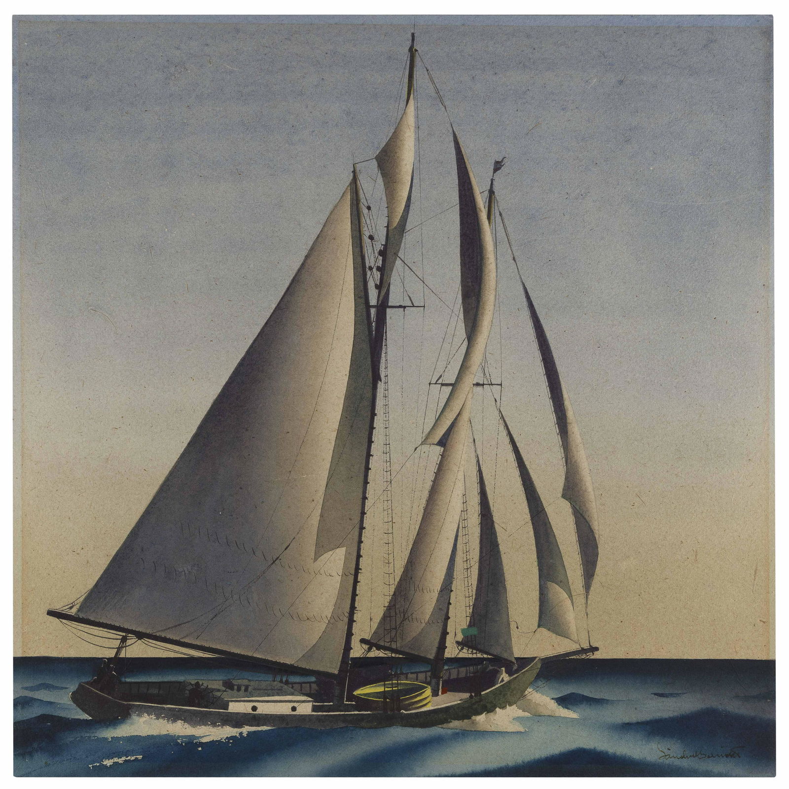 SANDOR BERNATH (New York/Maine/Hungary/Honduras, 1892-1984), Sailboat at sea., Mixed media on cream: SANDOR BERNATHNew York/Maine/Hungary/Honduras, 1892-1984Sailboat at sea. Signed lower right â€œSandor Bernath”.Mixed media on cream wove paper, 17” x 17.25”. Unframed.