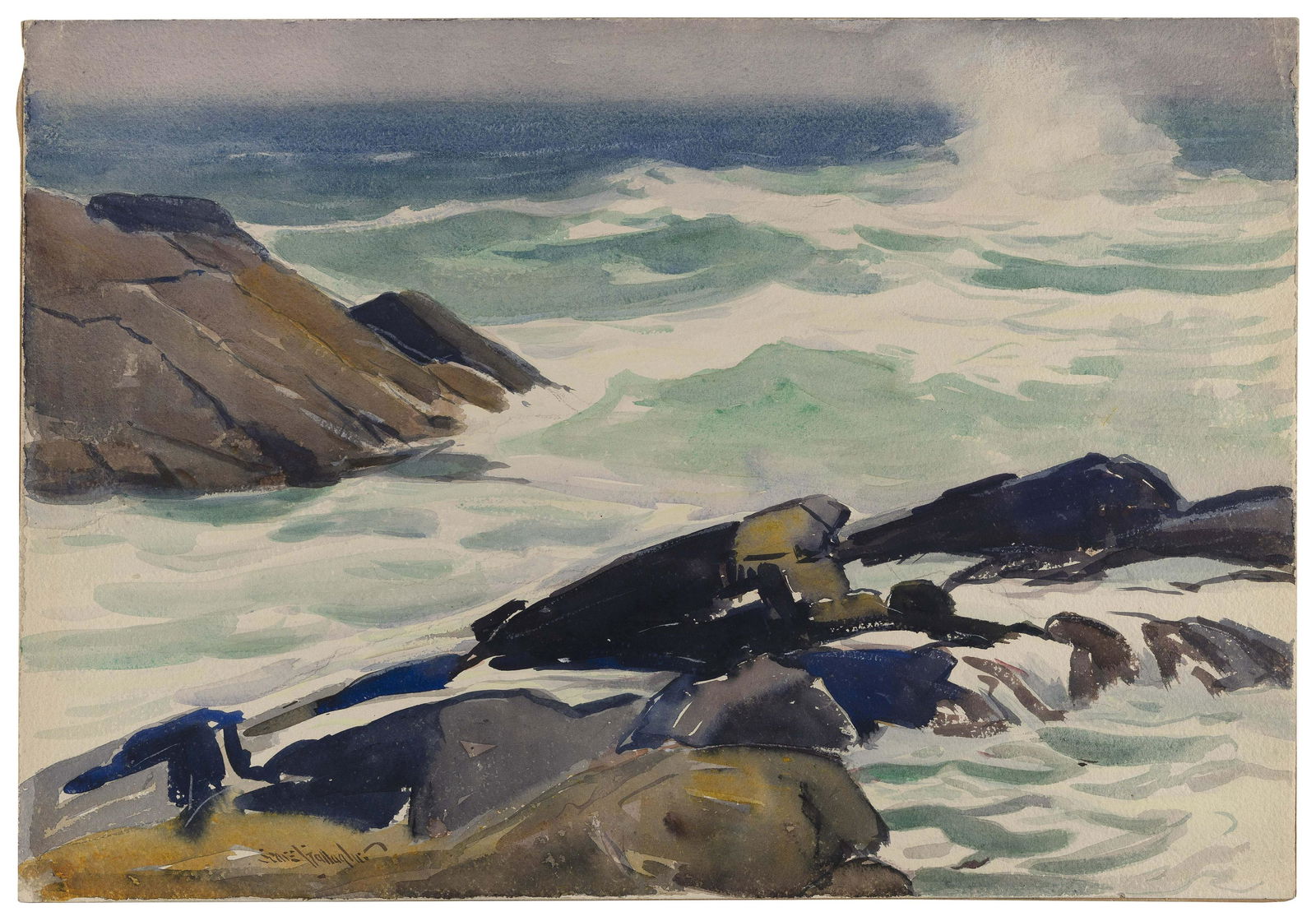 SEARS GALLAGHER (Massachusetts, 1869-1955), Rocky seascape., Watercolor on cream wove paper, (1 of 1)