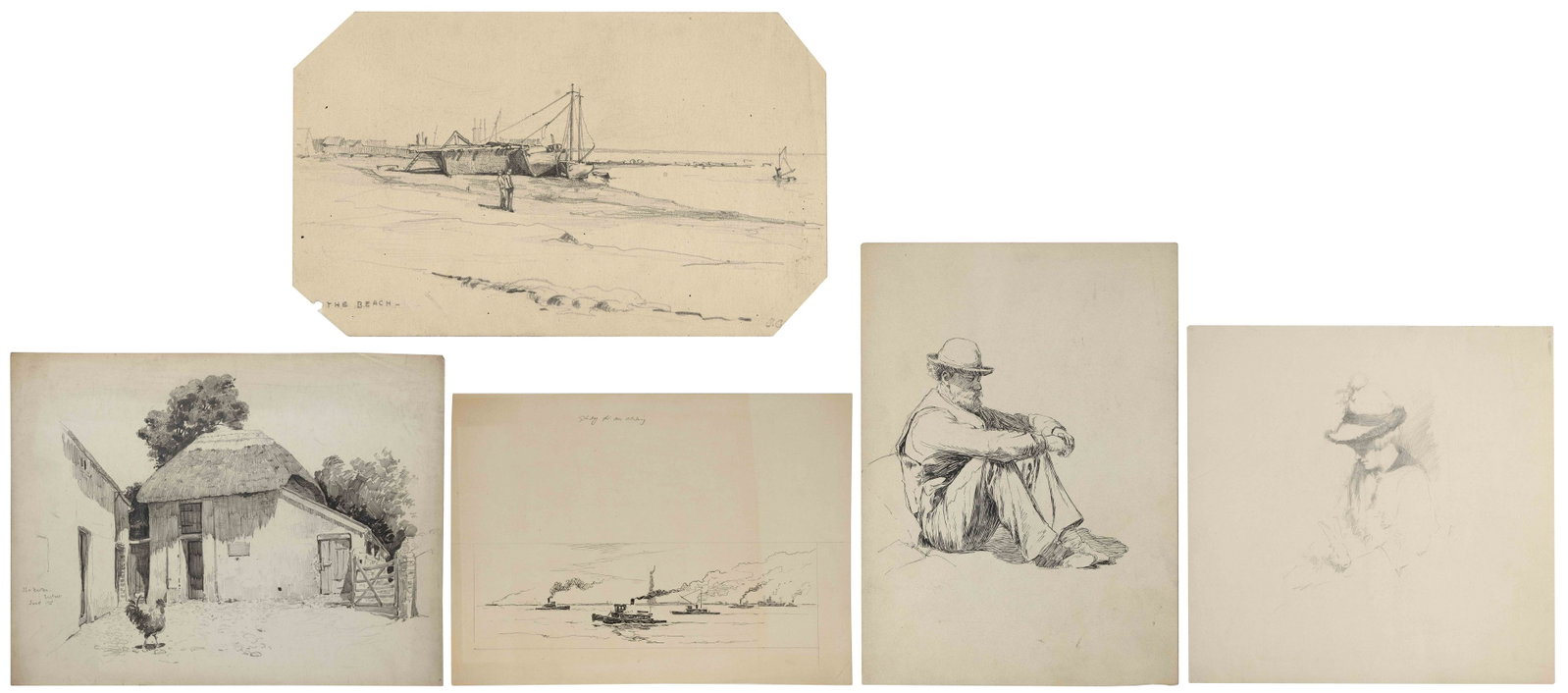 SEARS GALLAGHER (Massachusetts, 1869-1955), Five original works:, From 4.75” x 7.5” to: SEARS GALLAGHER Massachusetts, 1869-1955 Five original works: 1) “The Beach”. Unsigned. Titled lower left. Pencil on tan wove paper. 2) New York Harbor with the Statue of Liberty. Unsigned