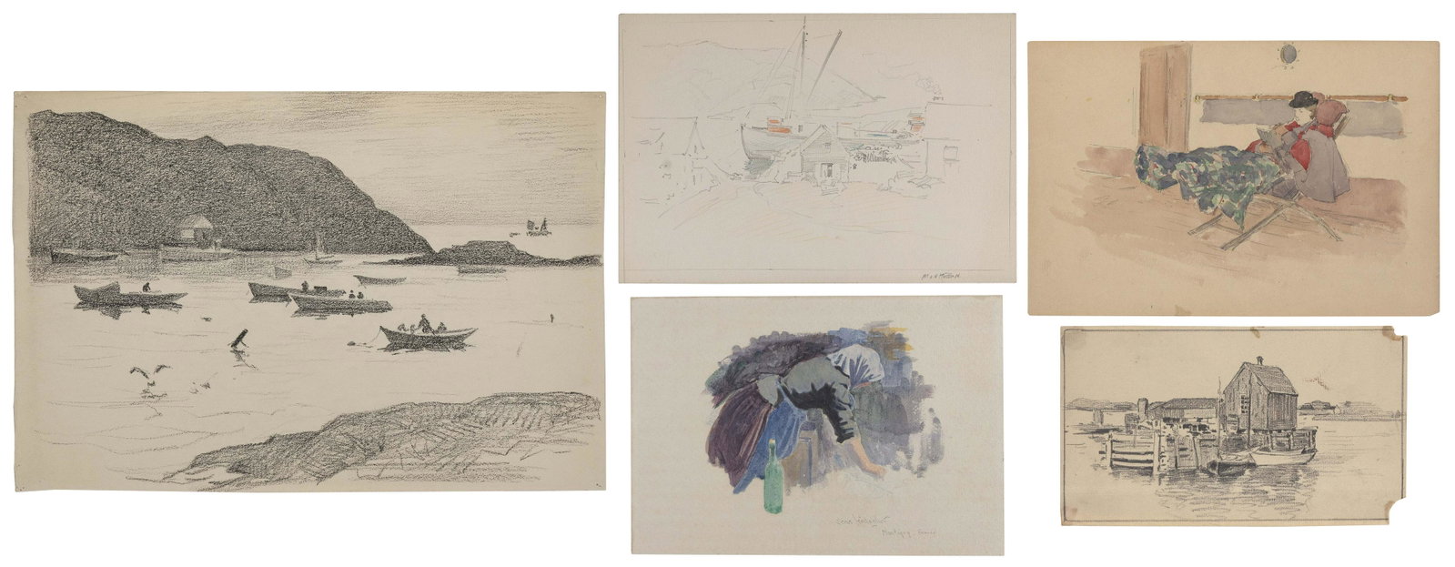 SEARS GALLAGHER (Massachusetts, 1869-1955), Five original works:, From 4.25” x 7.25” to: SEARS GALLAGHER Massachusetts, 1869-1955 Five original works: 1) “Montigny France”. Signed “Sears Gallagher” and titled lower right. Watercolor with color pencil additions on t