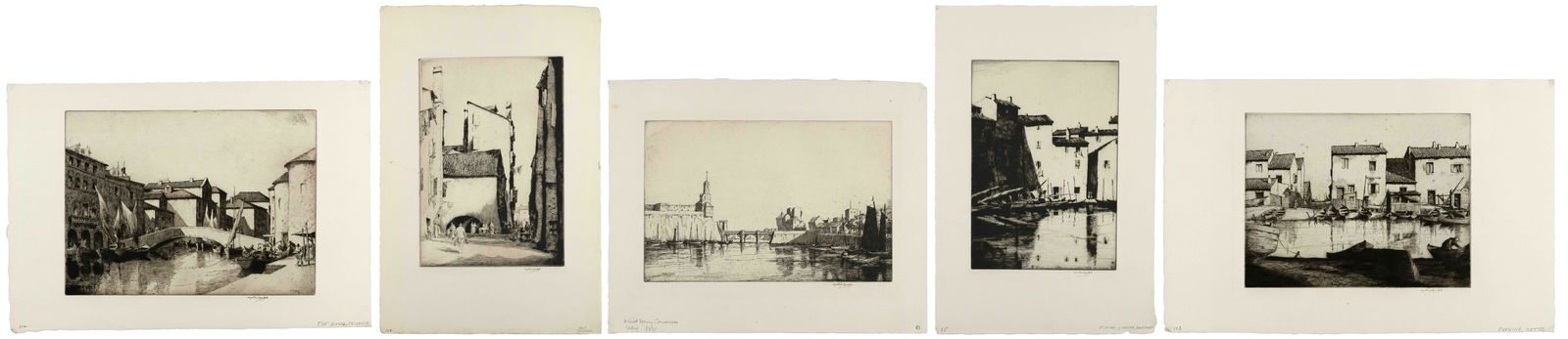 MARTIN HARDIE (America/United Kingdom, 1875-1952), Five etchings of European village and canal (1 of 6)