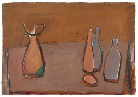 JAMES LECHAY (Massachusetts/Iowa, 1907-2001), "Objects on Red and Brown"., Mixed media on paper,: JAMES LECHAYMassachusetts/Iowa, 1907-2001&quot;Objects on Red and Brown&quot;. Signed &quot;James Lechay&quot; lower left. Titled in pencil verso.Mixed media on paper, 22.75&quot; x 32.25&quot;. Unfra