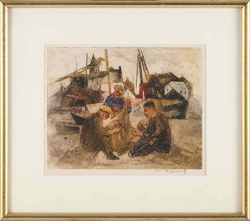 WILLIAM MEYEROWITZ (New York, 1887-1981), Lunch at the harbor., Color etching, 8” x 10”.: WILLIAM MEYEROWITZNew York, 1887-1981Lunch at the harbor. Signed “Wm Meyerowitz” in pencil lower right.Color etching, 8” x 10”. Framed 14.5” x 16.25”.