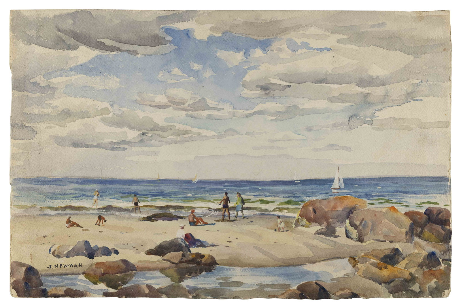 JOSEPH NEWMAN (New York, 1890-1979), Beach scene with figures and sailboats., Watercolor on heavy: JOSEPH NEWMANNew York, 1890-1979Beach scene with figures and sailboats. Signed lower left â€œJ. Newman”.Watercolor on heavy cream wove paper, 14” x 21.5”. Unframed.