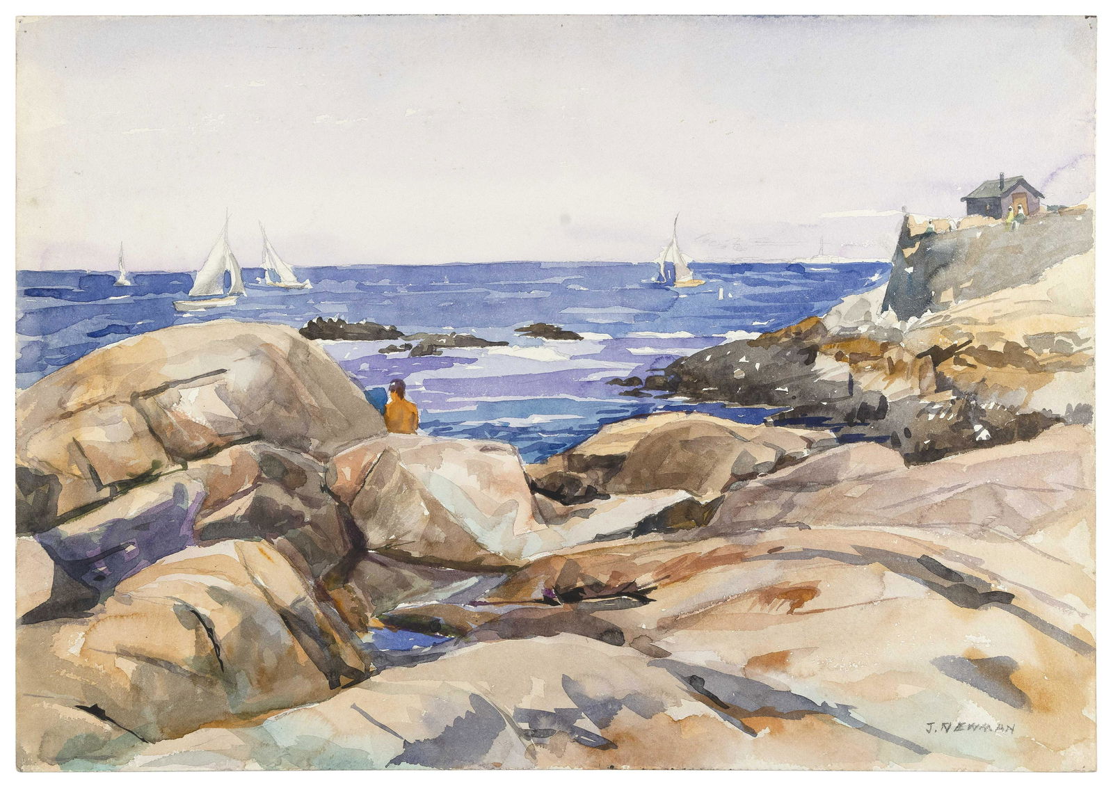 JOSEPH NEWMAN (New York, 1890-1979), Rocky coastal scene with sailboats., Watercolor on heavy cream (1 of 1)