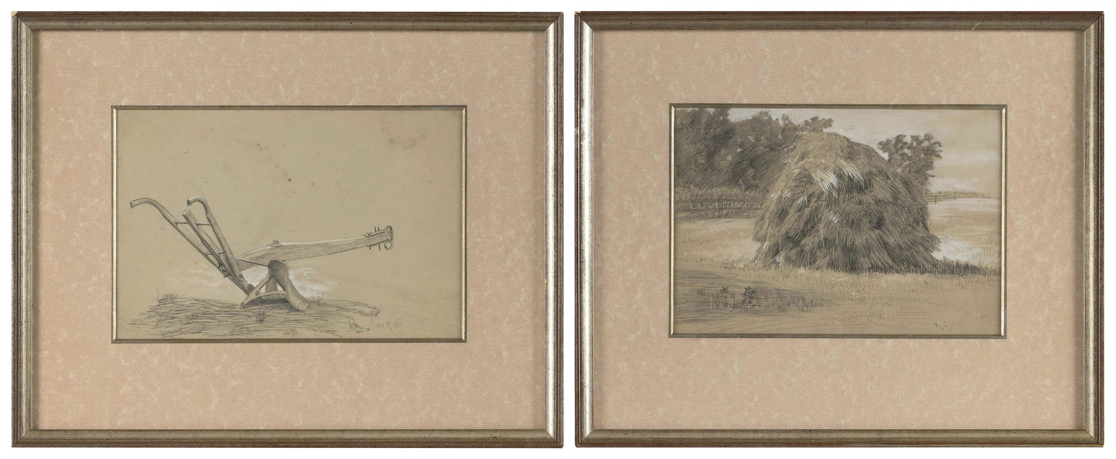 HOWARD POST (Arizona, b. 1948), Two farm scenes., Both mixed media on greenish wove paper, approx.: HOWARD POSTArizona, b. 1948Two farm scenes. Both signed “HRP” lower right.Both mixed media on greenish wove paper, approx. 7” x 10”. Framed 13” x 15.25”.