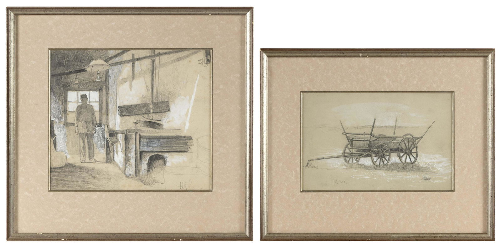 HOWARD POST (Arizona, b. 1948), Two farm scenes., Both mixed media on greenish wove paper, the: HOWARD POSTArizona, b. 1948Two farm scenes. Both signed “H.R. Post”.Both mixed media on greenish wove paper, the largest 9.25” x 10.75” sight. Framed 15.5” x 16.5”.