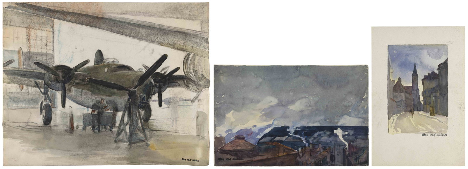 ALICE KENT PEARSON STODDARD (Pennsylvania/Connecticut, 1883-1976), Three original works: ALICE KENT PEARSON STODDARD Pennsylvania/Connecticut, 1883-1976 Three original works: 1) Readying the plane. Mixed media on cream on heavy cream wove paper. 2) Smoke stacks. Watercolor on paper mounte