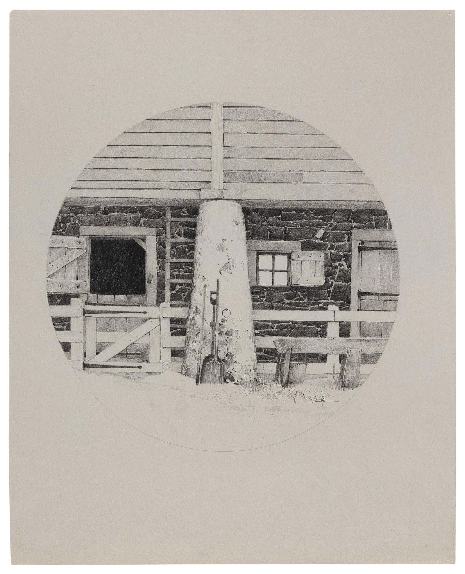 PETER SCULTHORPE (Ontario, Canada/Pennsylvania, b. 1948), Shovel outside a barn., Graphite on paper,: PETER SCULTHORPEOntario, Canada/Pennsylvania, b. 1948Shovel outside a barn. Signed lower right â€œP Sculthorpe”.Graphite on paper, 17” x 13.5”. Diameter of drawing is 10.125&rdqu