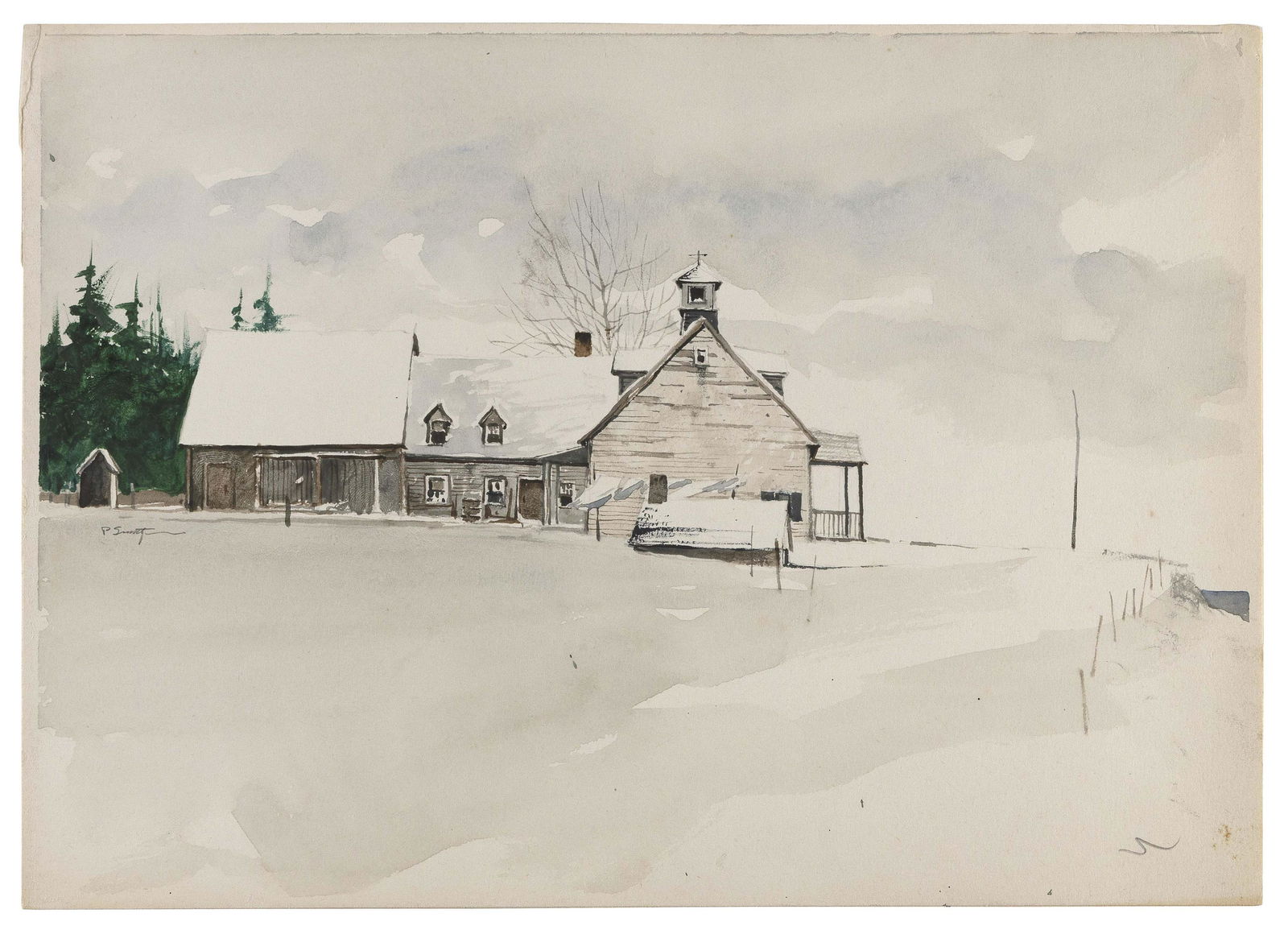 PETER SCULTHORPE (Ontario, Canada/Pennsylvania, b. 1948), Farmhouse in winter., Watercolor on cream (1 of 2)