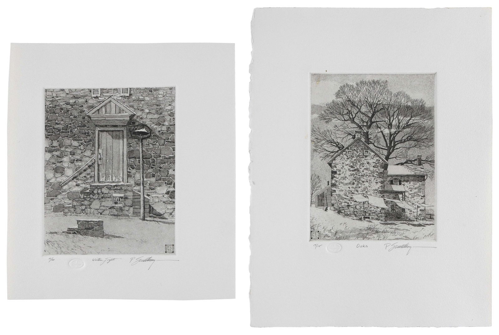 PETER SCULTHORPE (Ontario, Canada/Pennsylvania, b. 1948), Two etchings:, Matrix 8” x 6”.: PETER SCULTHORPEOntario, Canada/Pennsylvania, b. 1948Two etchings: 1) “Oaks”. Signed, titled and numbered 14/15 in pencil lower margin.2) “Winter Light”. Signed, titled and num
