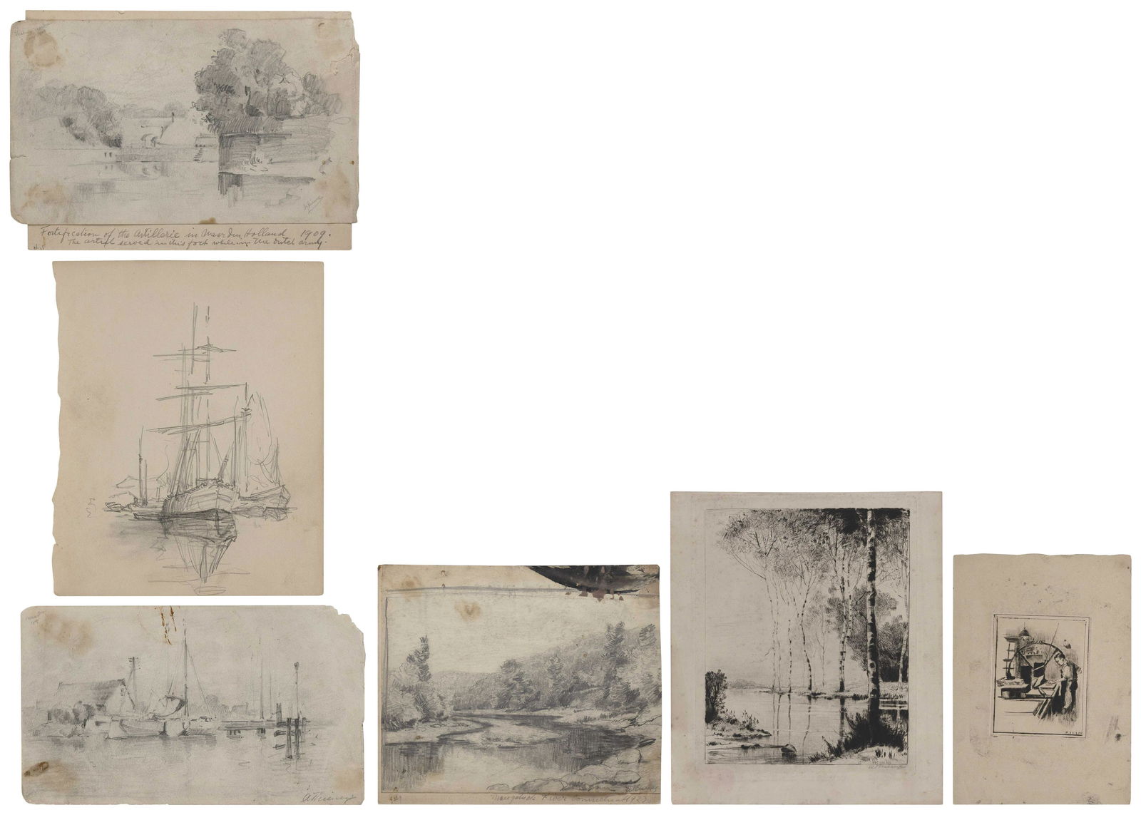 ANTHONY THIEME (Massachusetts/California, 1888-1954), Six works:, From 5.5” x 9.5” to: ANTHONY THIEMEMassachusetts/California, 1888-1954Six works: 1) “Maugatuck River Connective”, 1923. Signed “A. Thieme” lower right. Pencil on paper mounted to card stock backing