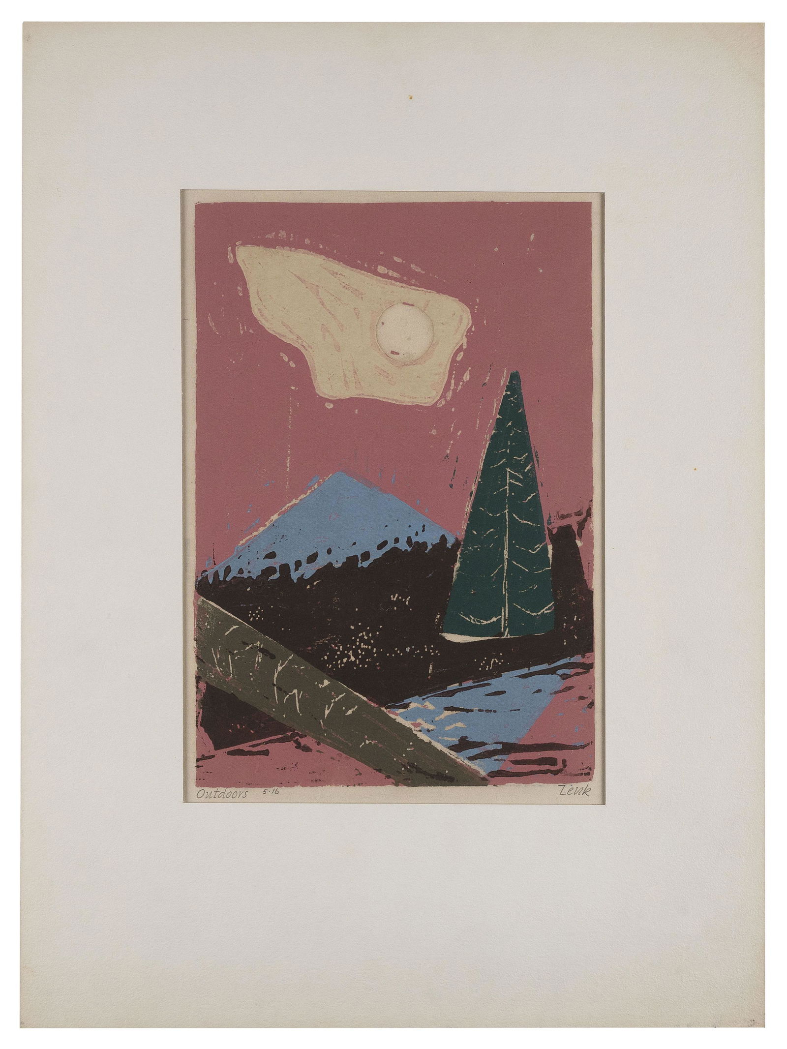 JOSEF ZENK (Pennsylvania, 1904-2000), "Outdoors”., Color woodblock on fibrous paper, 11” (1 of 2)