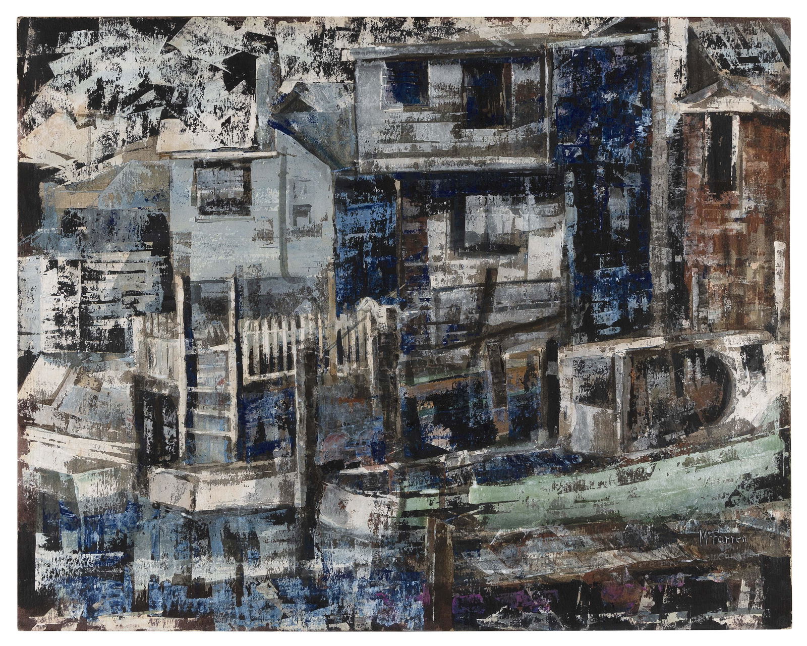 AMERICAN SCHOOL (20th Century,), Fishing village., Mixed media on paper mounted to paperboard, (1 of 1)