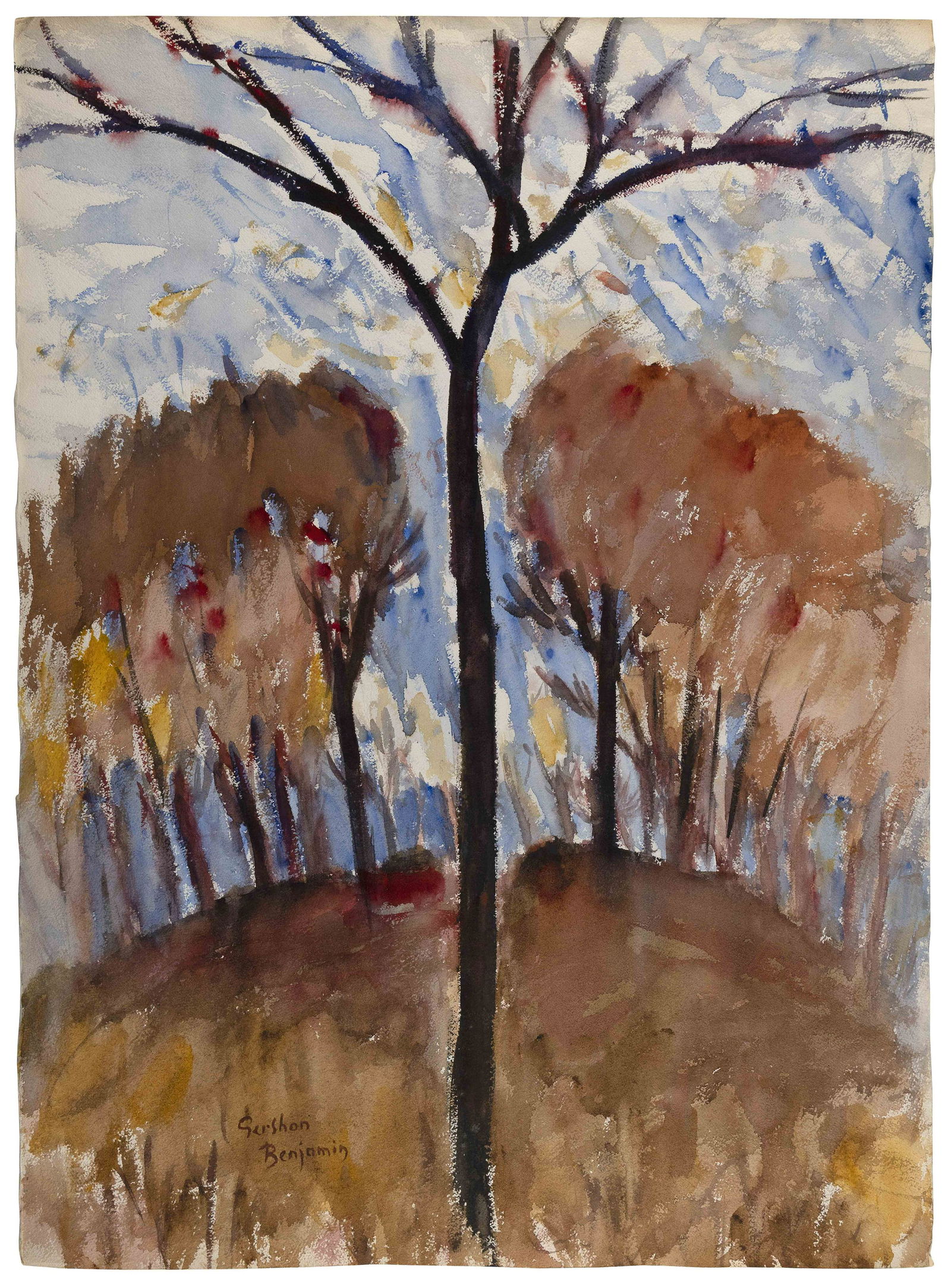 GERSHON BENJAMIN (New York/New Jersey/Romania, 1899-1985), Autumn trees., Watercolor on heavy cream (1 of 2)