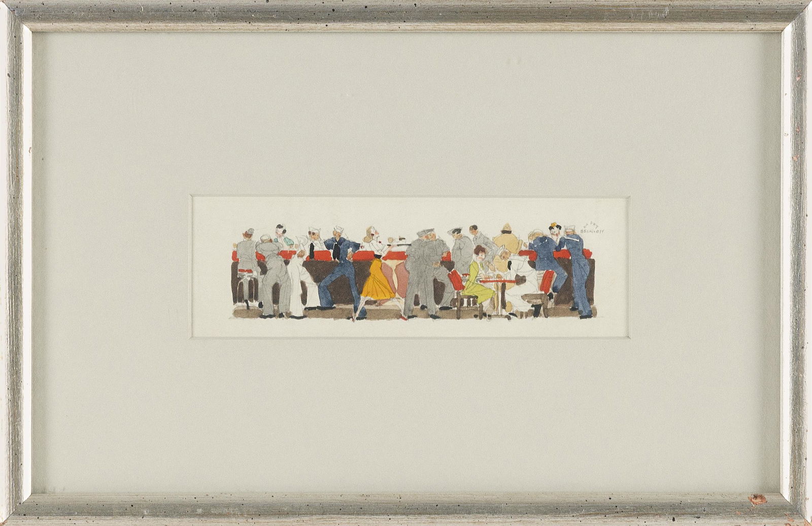HARRY BECKHOFF (New Jersey, 1901-1975), Restaurant scene., Watercolor and pencil with gouache: HARRY BECKHOFFNew Jersey, 1901-1975Restaurant scene. Signed upper right “Harry Beckhoff”.Watercolor and pencil with gouache additions, 2.25” x 6.5”. Framed 7.75” x 12.25&