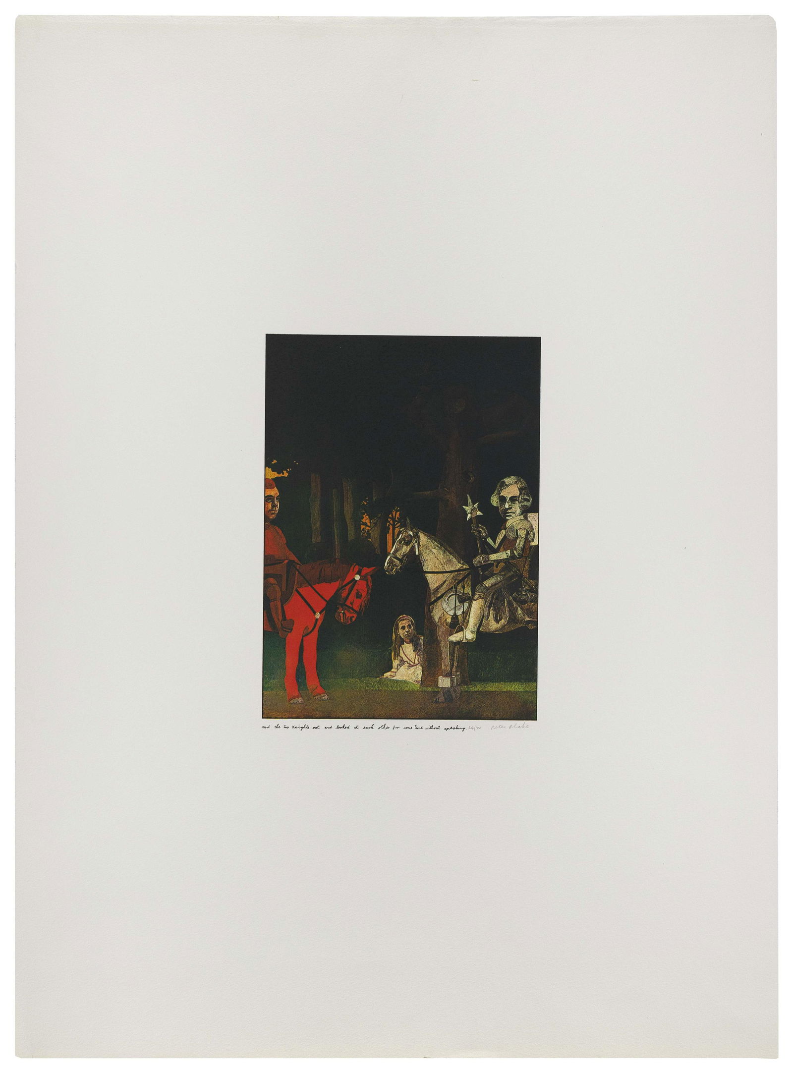 PETER BLAKE (United Kingdom, b. 1932), “And the two knights sat …”, 1970., Color: PETER BLAKEUnited Kingdom, b. 1932“And the two knights sat …”, 1970. Printed by Kelpra Studios, London, with their ink stamp verso. From Alice in Wonderland, plate two, from the suit