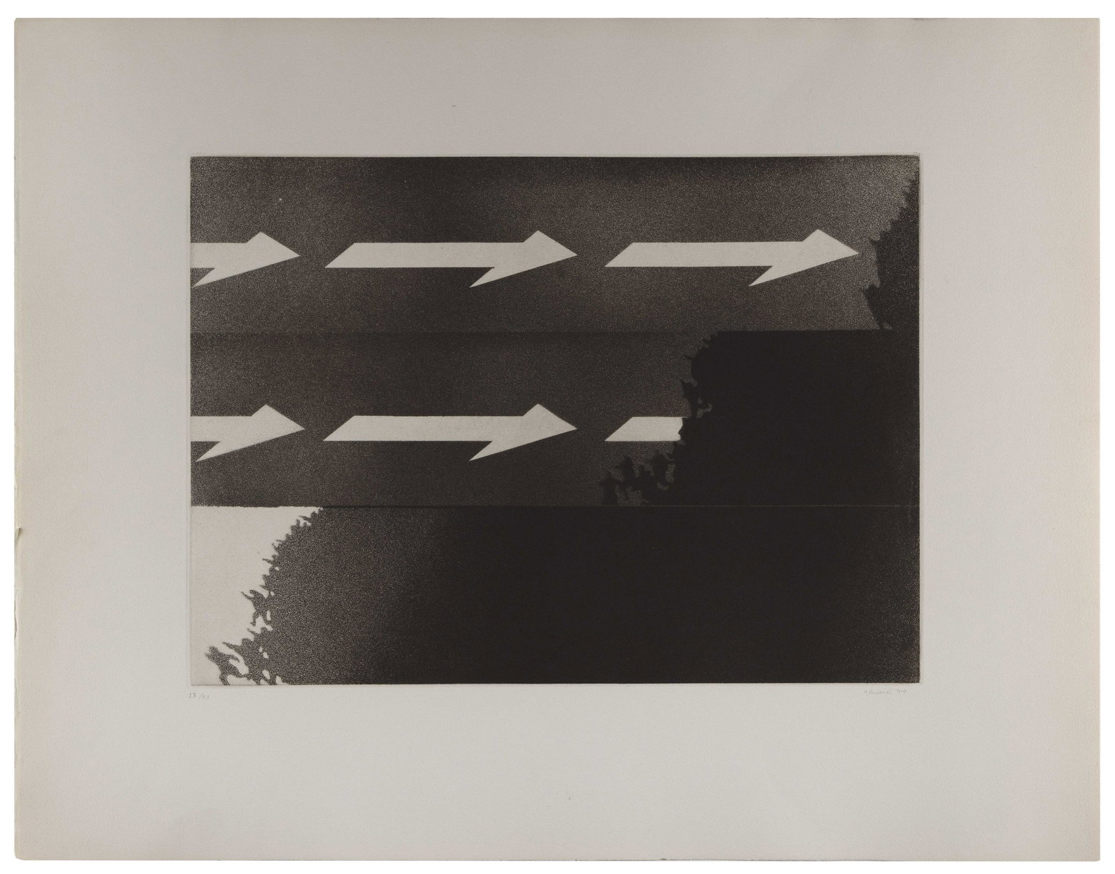 JUAN GENOVES CANDEL (Spain, 1930-2020), Arrows and figures, 1970., Etching on Arches paper,: JUAN GENOVES CANDEL Spain, 1930-2020 Arrows and figures, 1970. Signed, dated and numbered 28/92 in pencil lower margin. Etching on Arches paper, 12.5” x 17.5”. Unframed.