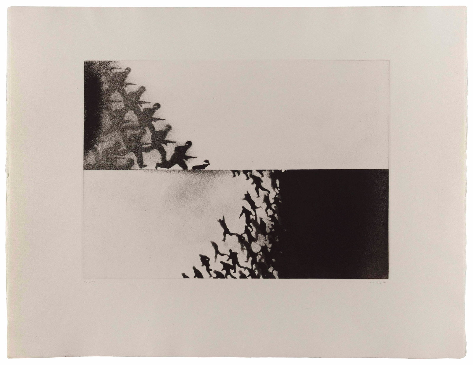 JUAN GENOVES CANDEL (Spain, 1930-2020), Figures with rifles atop running figures, 1971., Etching on: JUAN GENOVES CANDEL Spain, 1930-2020 Figures with rifles atop running figures, 1971. Signed, dated and numbered 25/92 in pencil lower margin. Etching on Arches paper, 12.5” x 17.5”. Unfram