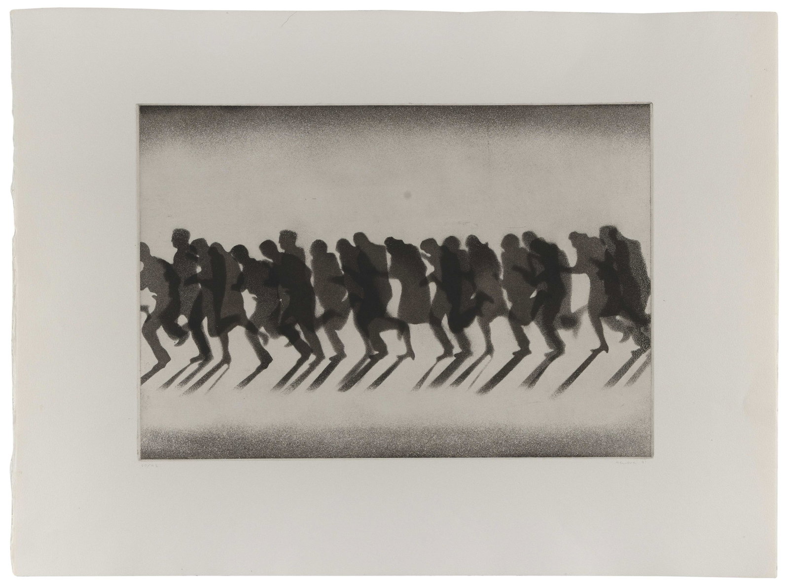 JUAN GENOVES CANDEL (Spain, 1930-2020), Walking crowd, 1971., Etching, 12.5” x 17.5”.: JUAN GENOVES CANDEL Spain, 1930-2020 Walking crowd, 1971. Signed, dated and numbered 20/92 in pencil lower margin. Etching, 12.5” x 17.5”. Unframed.