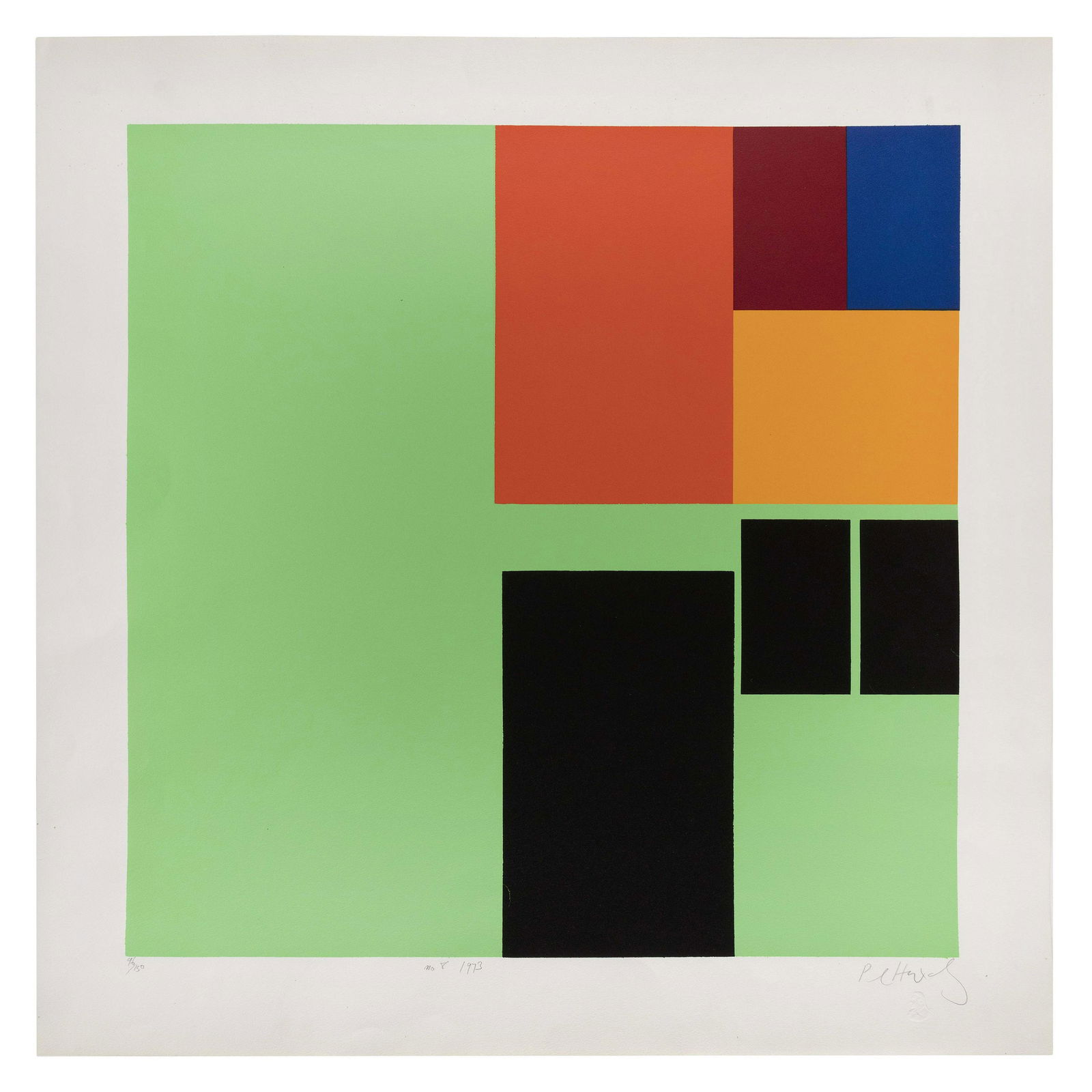 PAUL HUXLEY (United Kingdom, b. 1938), Untitled no. 8, 1973., Color screenprint, sheet size 29”: PAUL HUXLEYUnited Kingdom, b. 1938Untitled no. 8, 1973. Signed, dated, titled and numbered 96/150 in pencil lower margin.Color screenprint, sheet size 29” x 28.75”. Unframed.